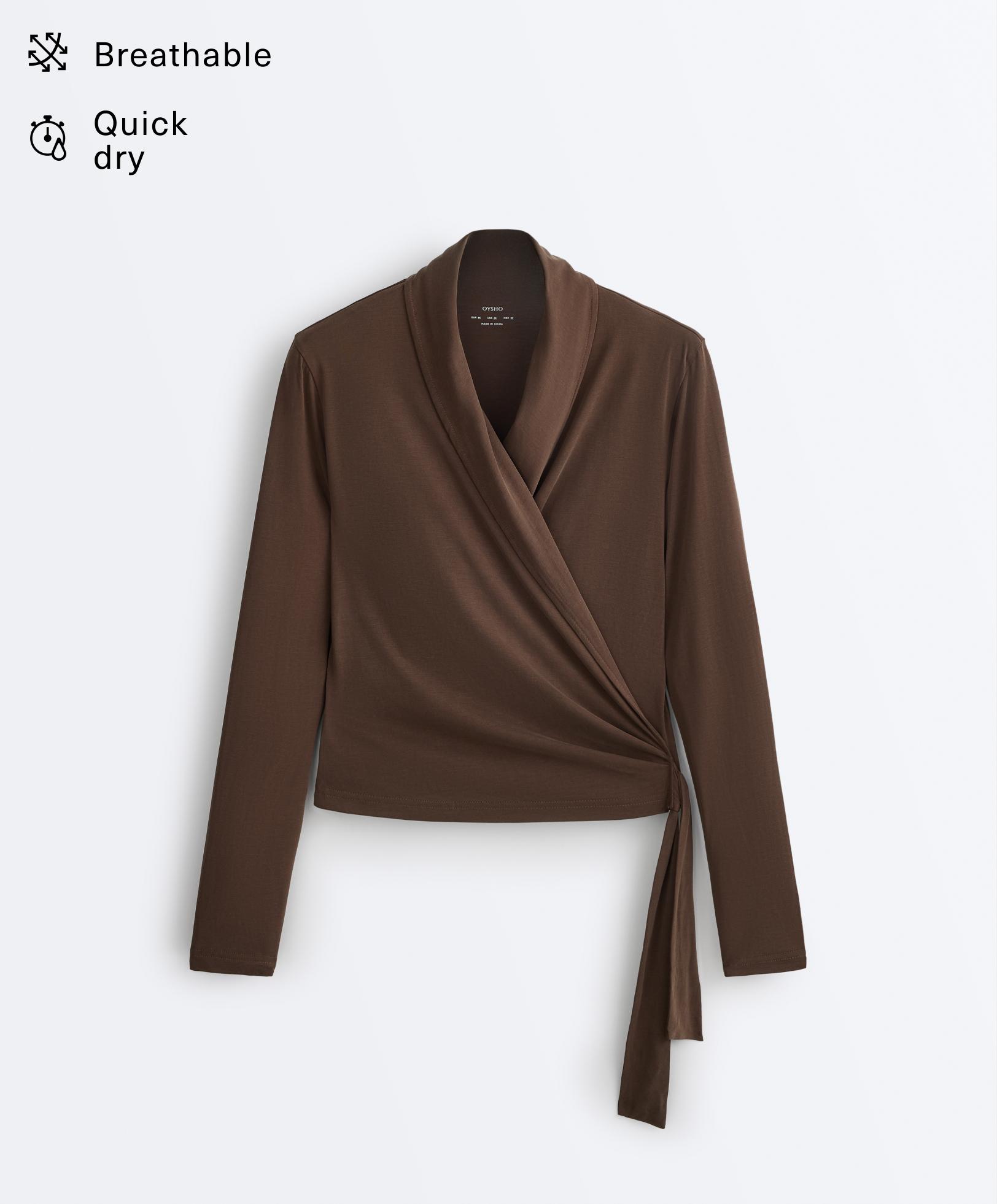 Modal blend long sleeve crossover T-shirt — DARK BROWN