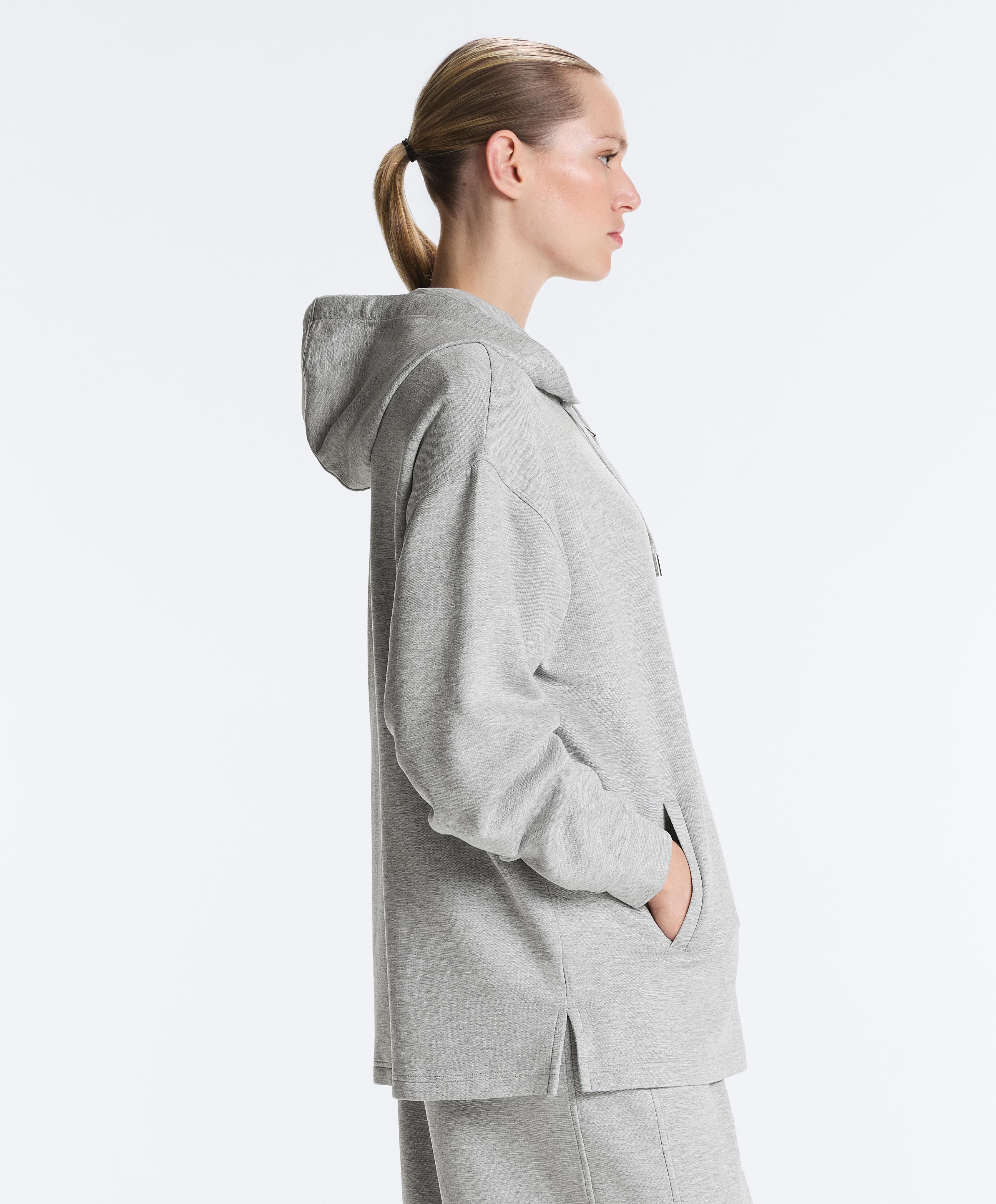Long melange piqué hooded jacket — GREY MELANGE