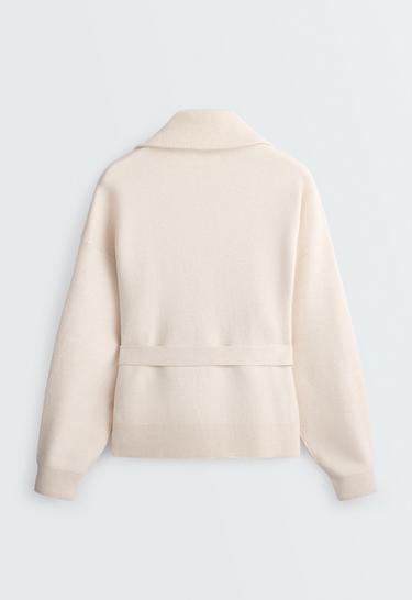 Knit jacket with high collar and belt — ECRU 6