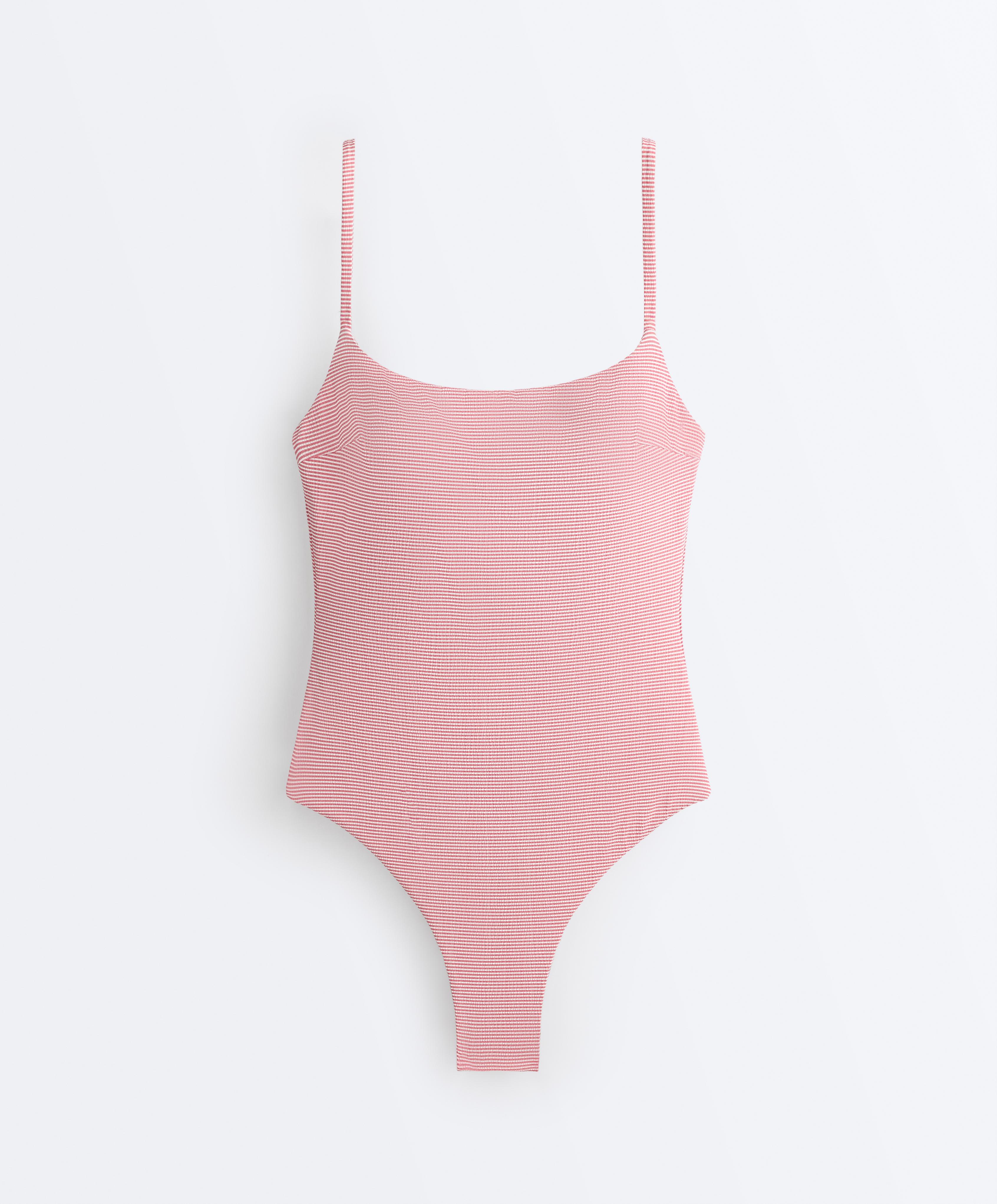 Stripe round neck swimsuit — RED