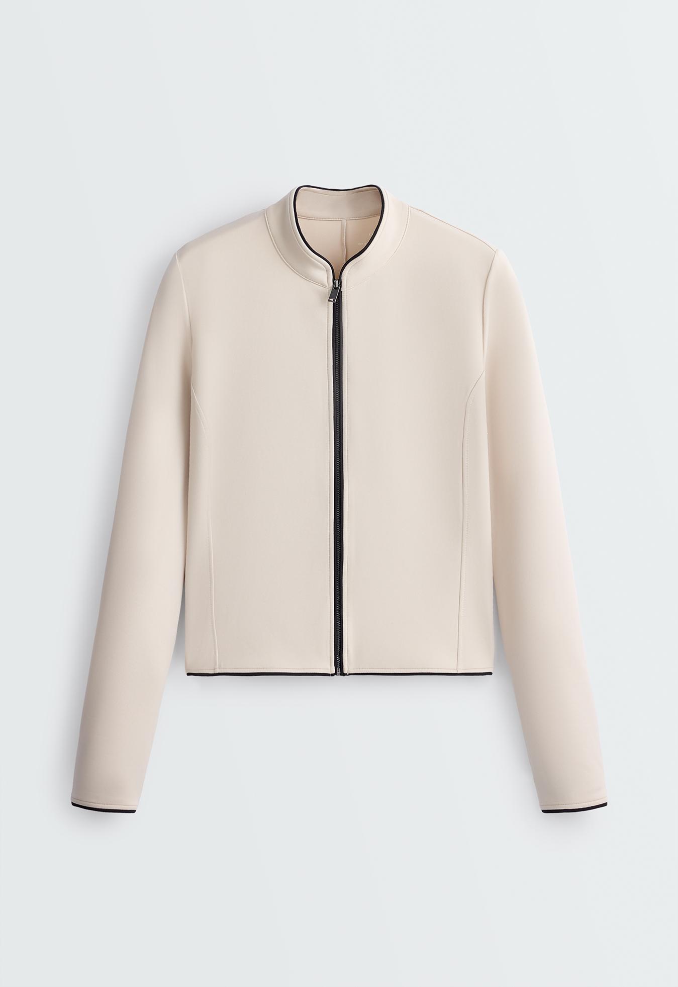 Neoprene-effect jacket with mandarin collar and piping — OATMEAL