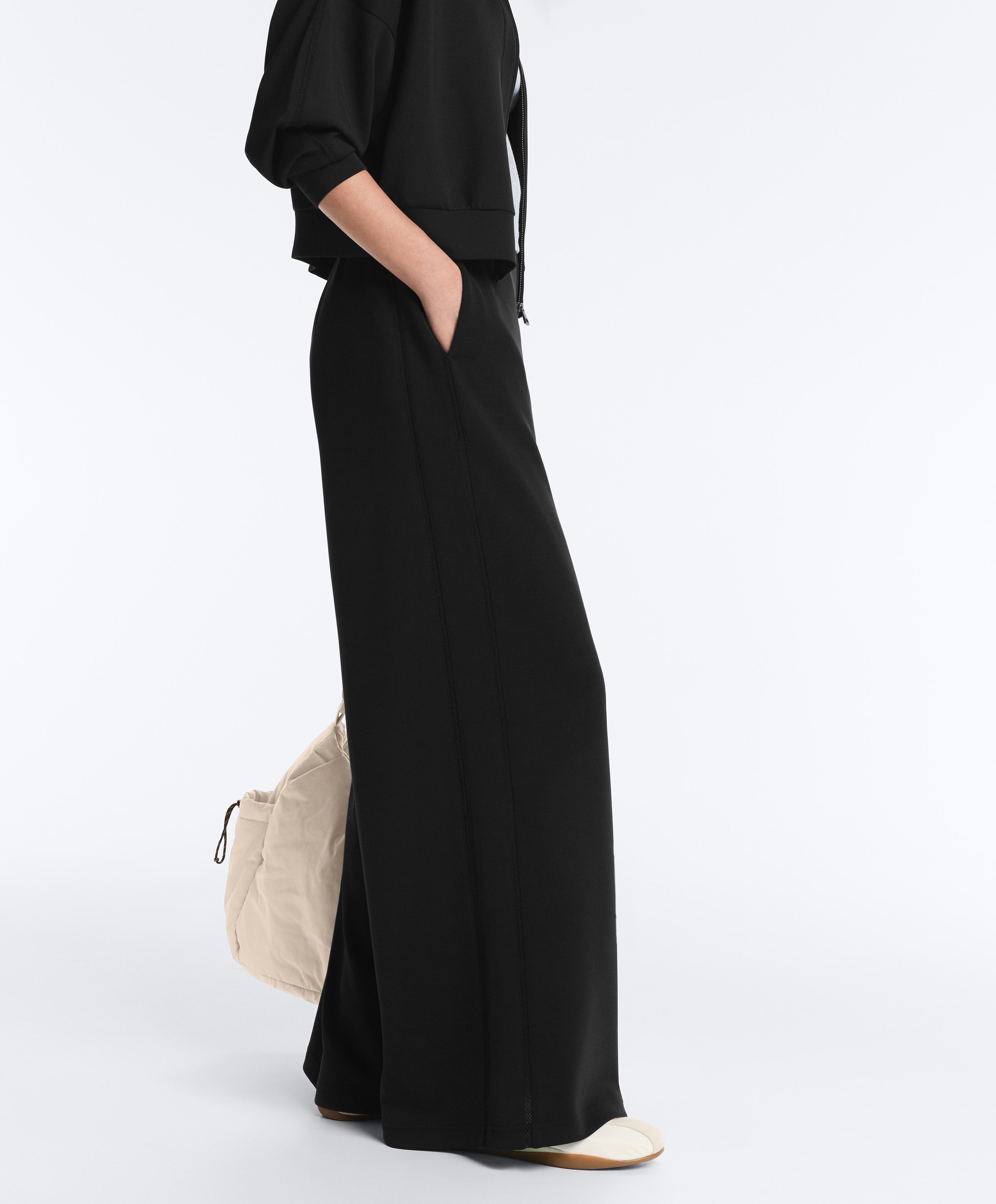 Wide-leg trousers with soft-touch modal and hemstitch — BLACK