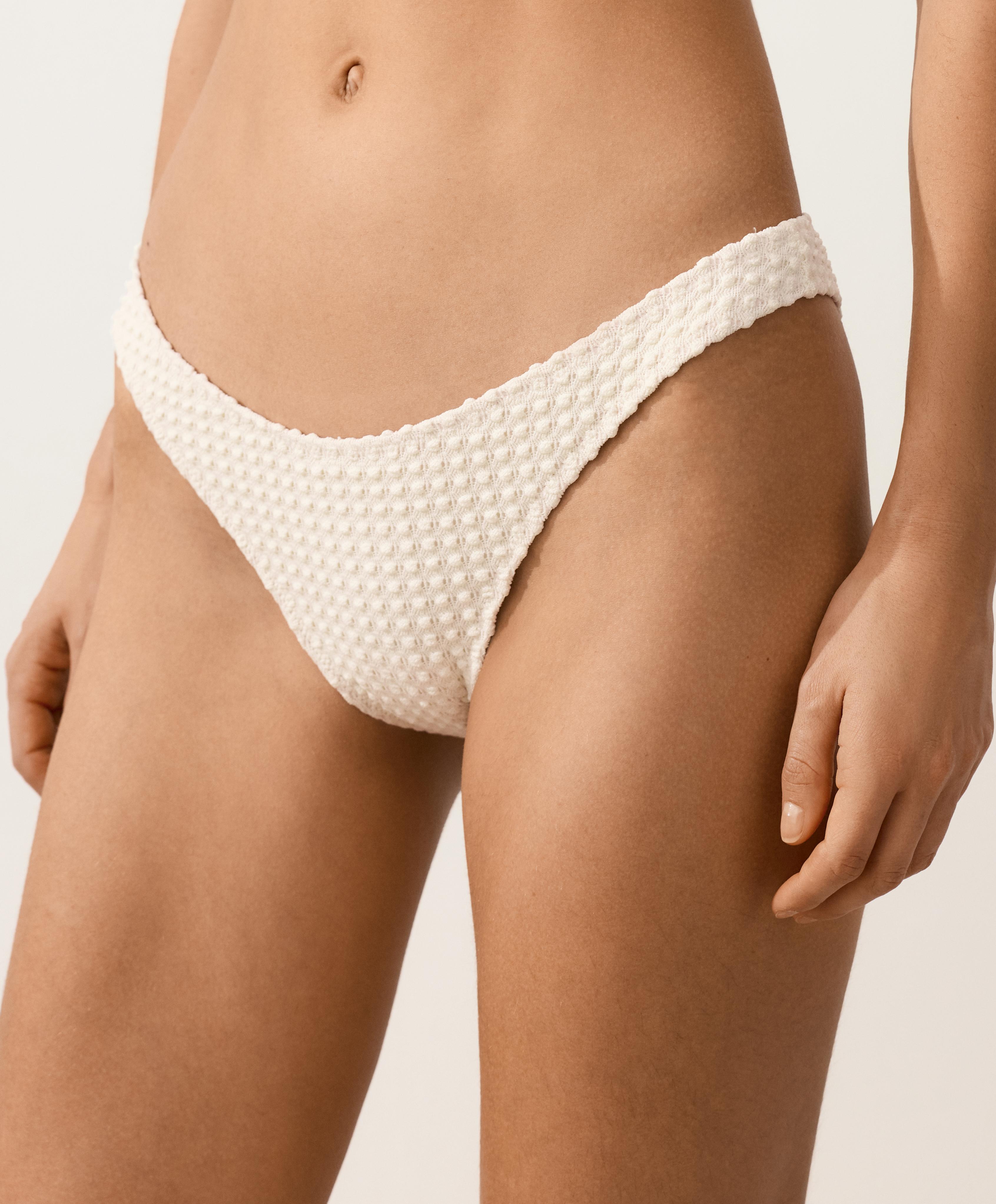 U-cut bubble-texture crochet medium-coverage bikini briefs — ECRU