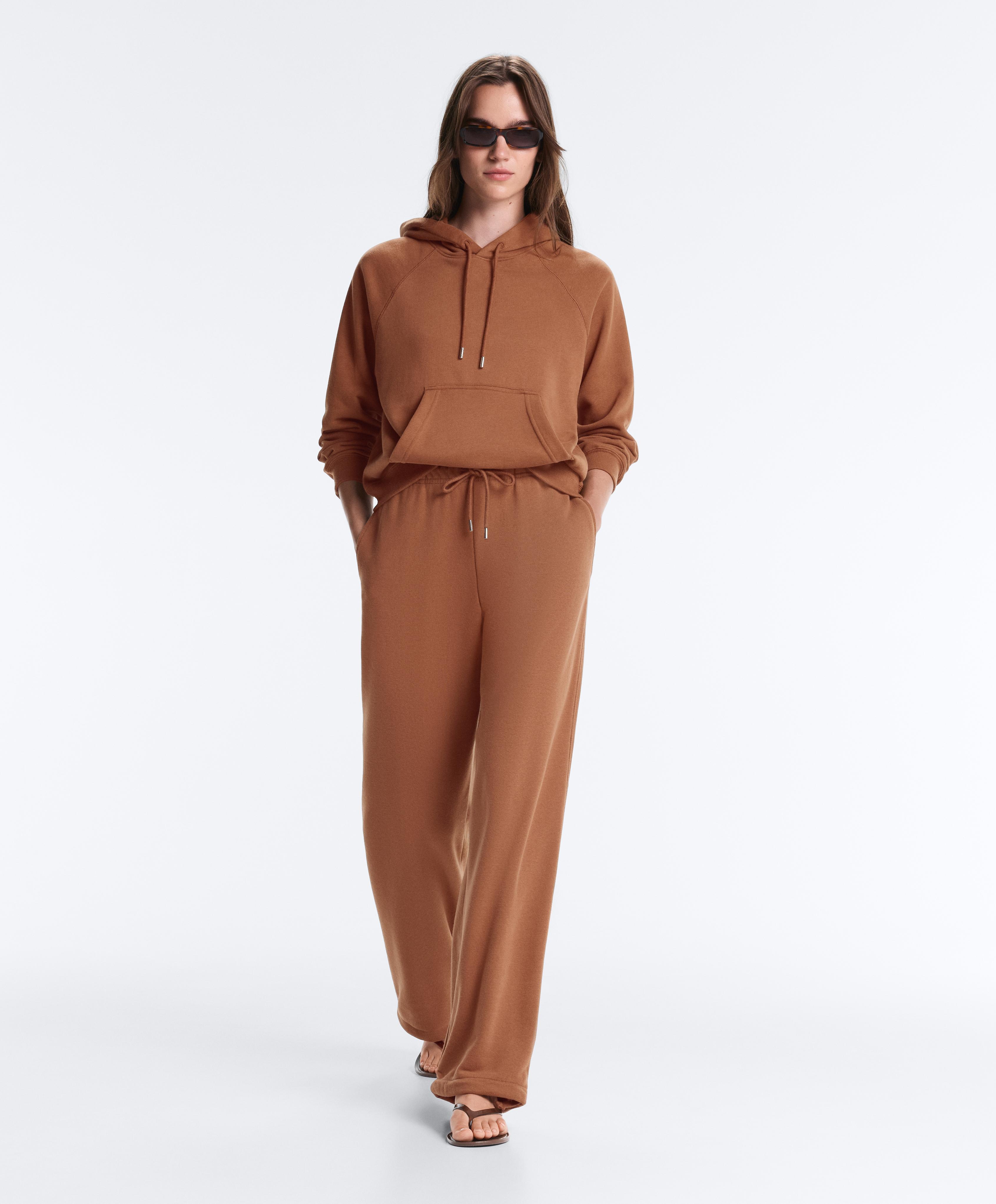 Cotton blend fleece straight-leg trousers — DARK CAMEL