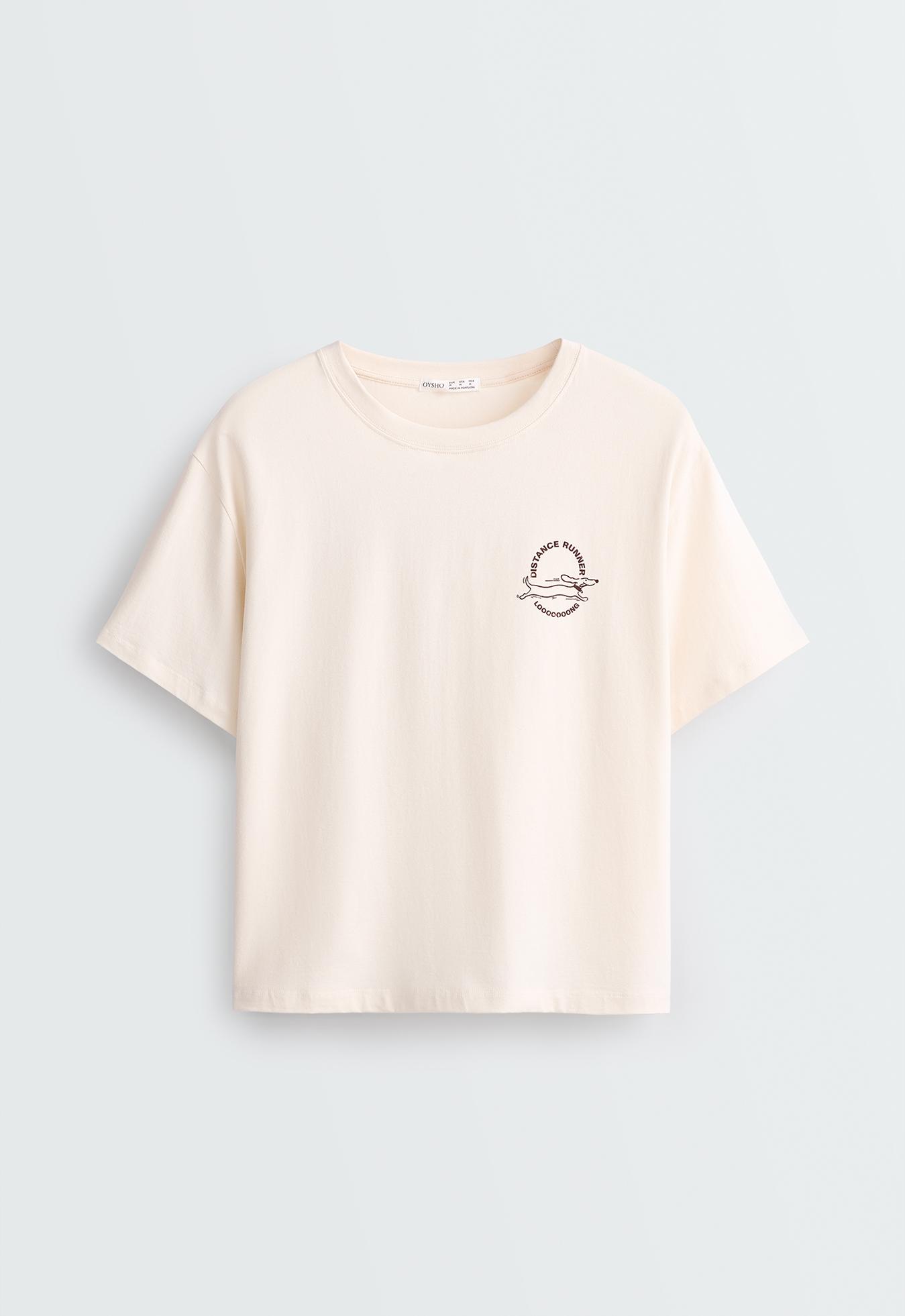 Boxy cotton blend short-sleeved T-shirt with print — ECRU