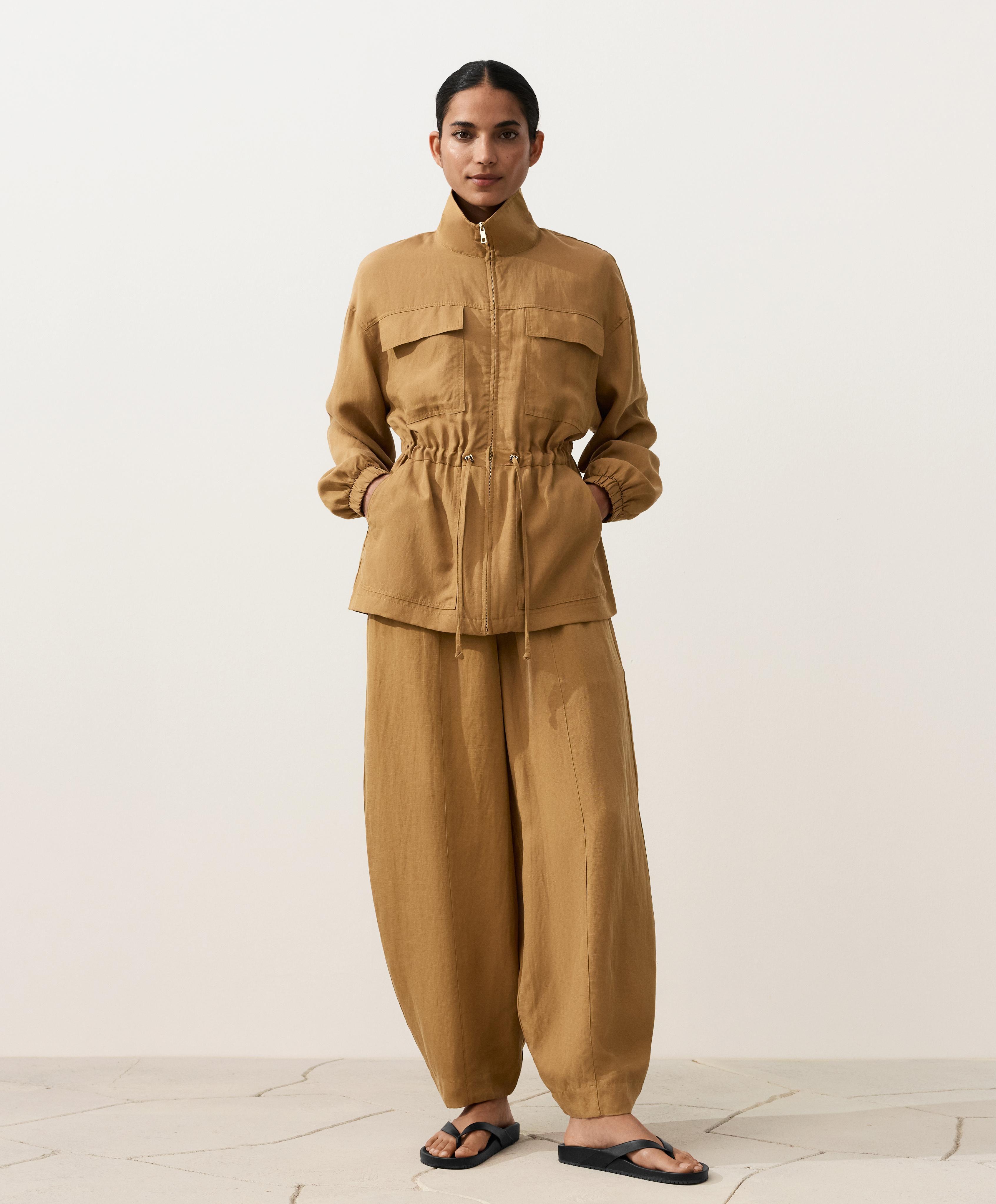 Lyocell and 24% linen blend ruched waist jacket — COPPER