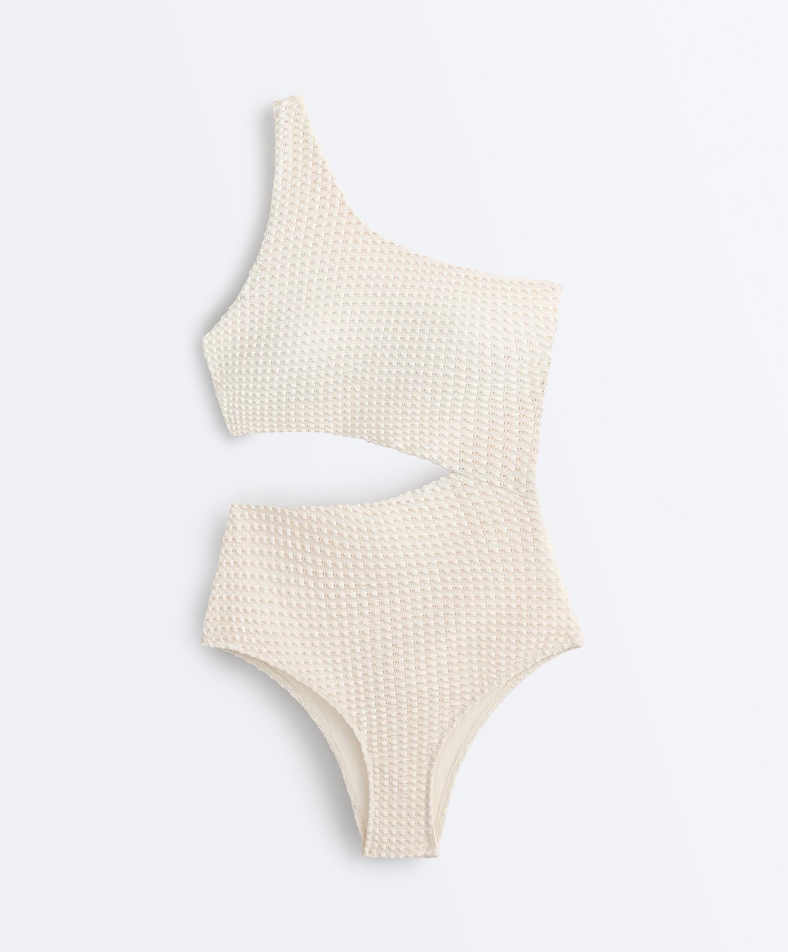 Bubble crochet asymmetric trikini — ECRU