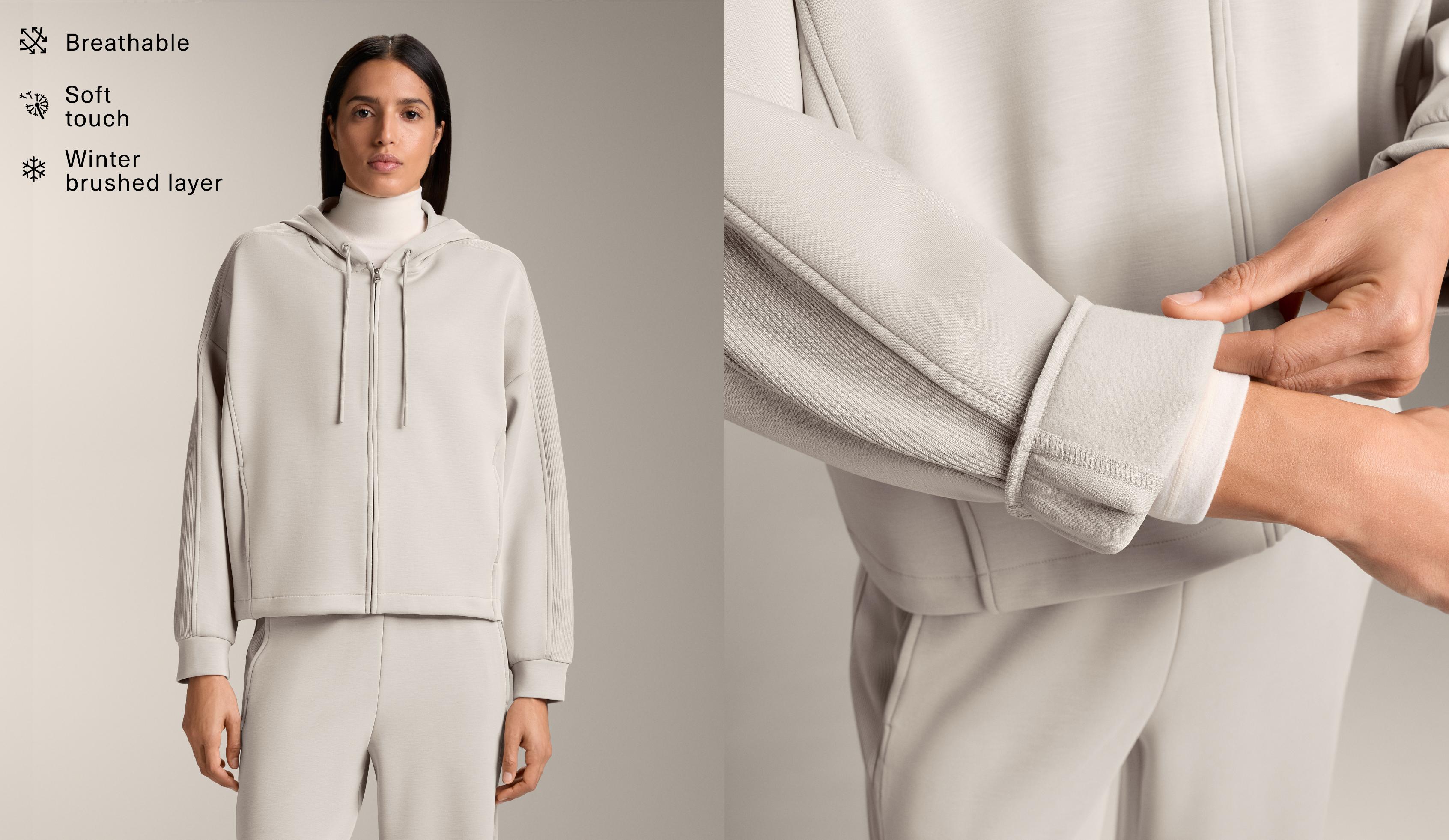 Hooded jacket with Rib details with Brushed modal — TAUPE
