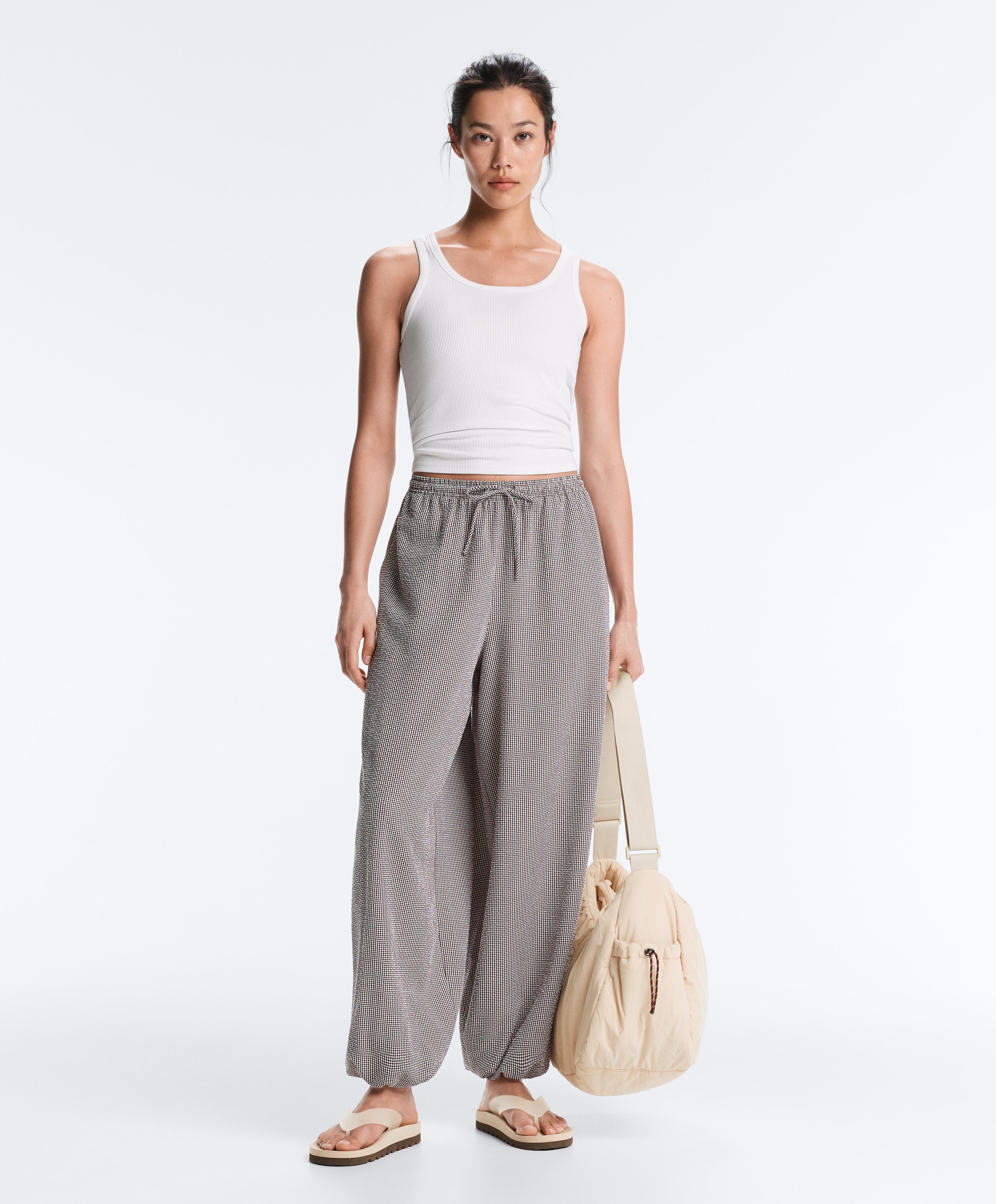 Lyocell blend gingham maxi bloomer trousers — DARK REDDISH‑BROWN