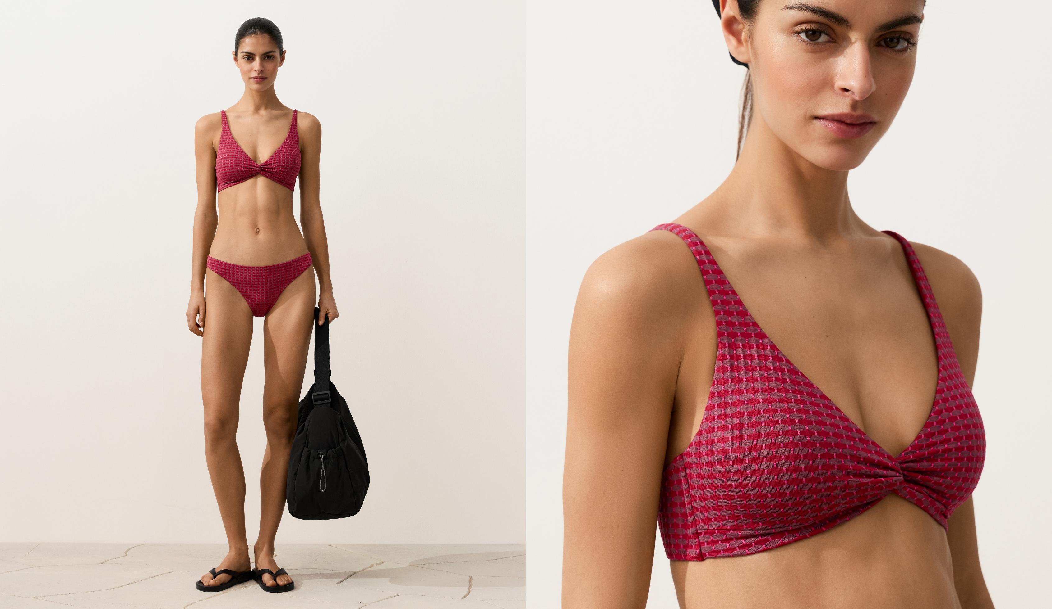 Geometric jacquard halter bikini top — FUCHSIA