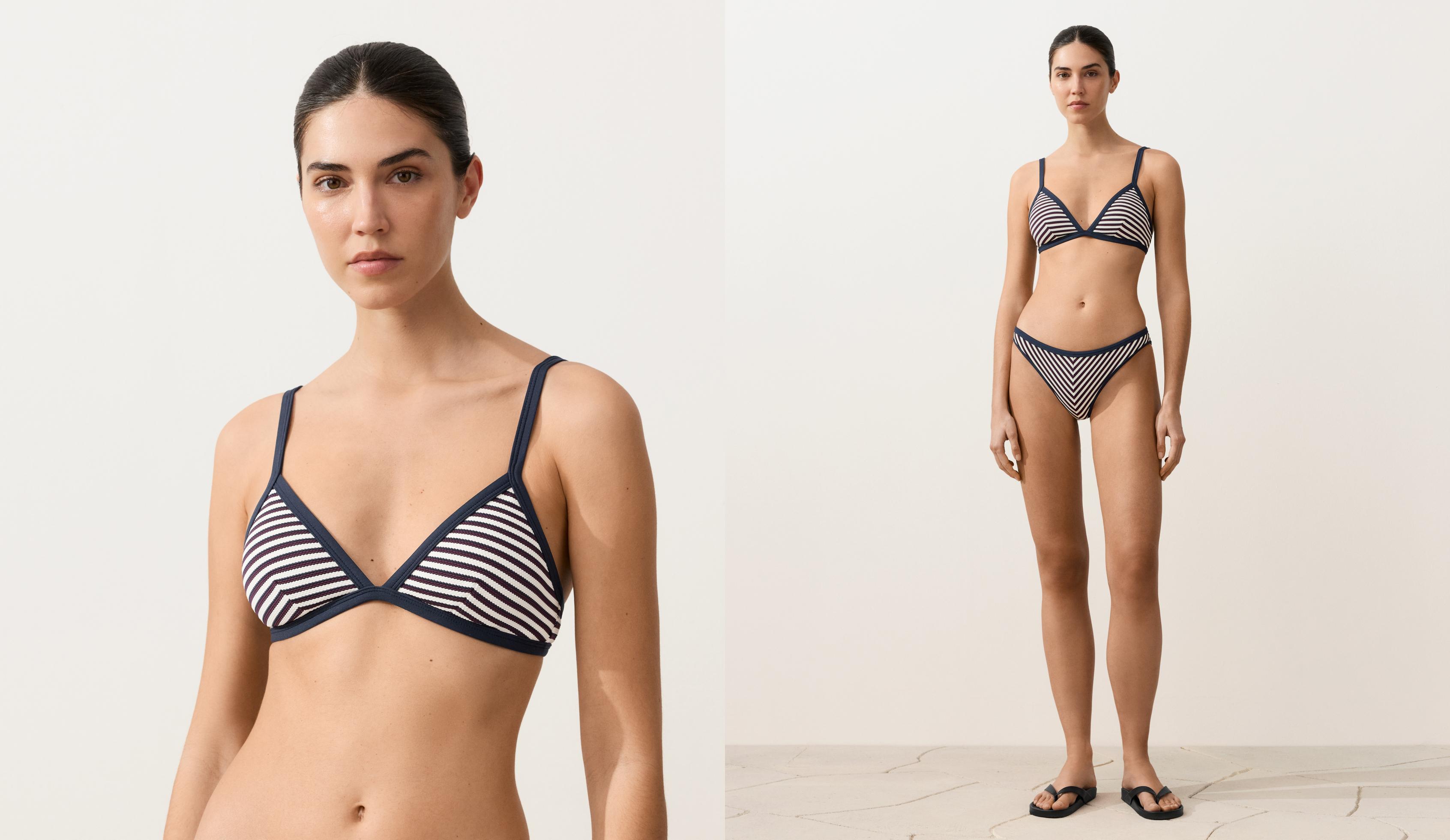 Trim textured stripe triangle bikini top — NAVY BLUE