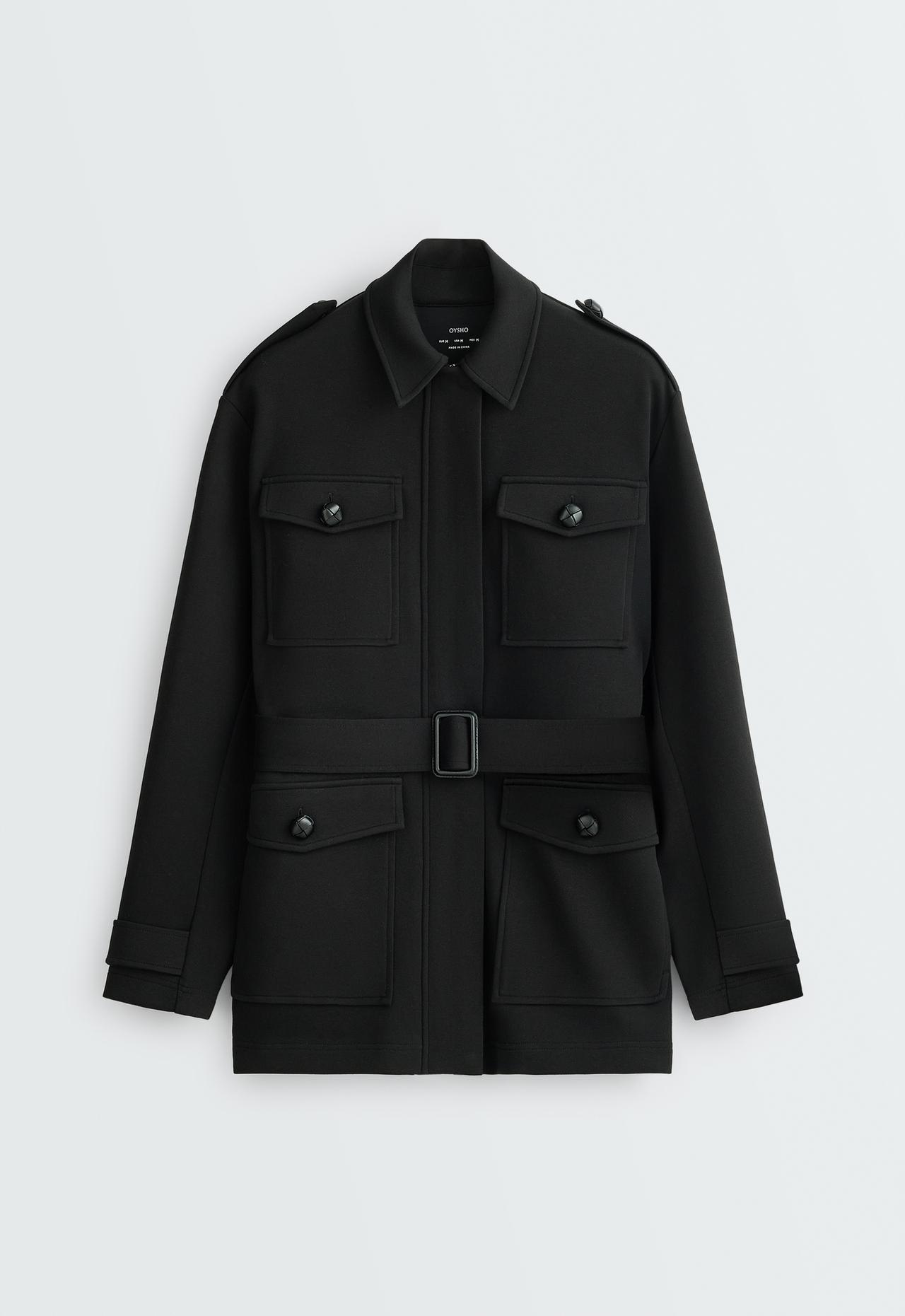 Long cotton piqué pockets jacket — BLACK
