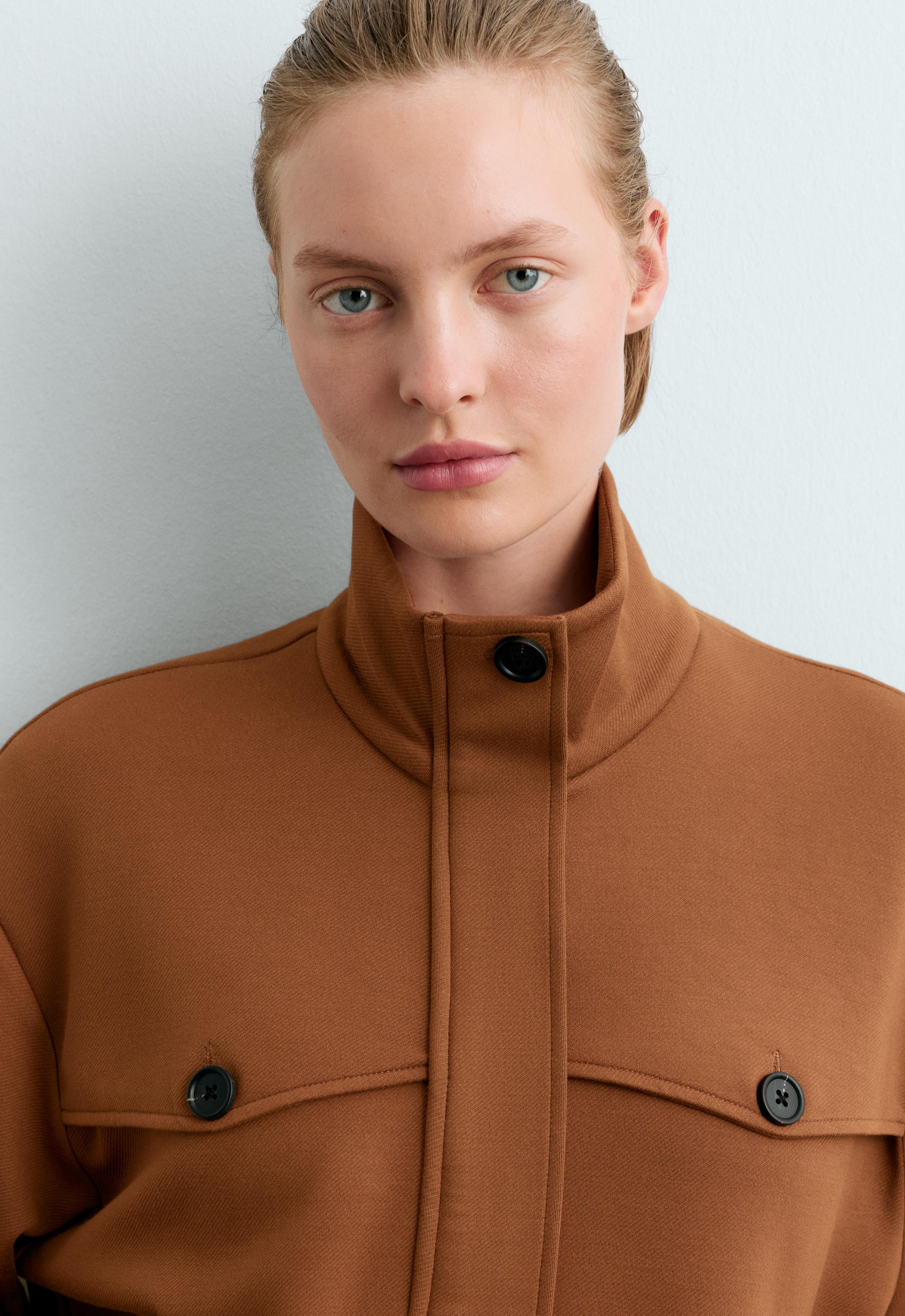 High-neck cropped jacket — COGNAC
