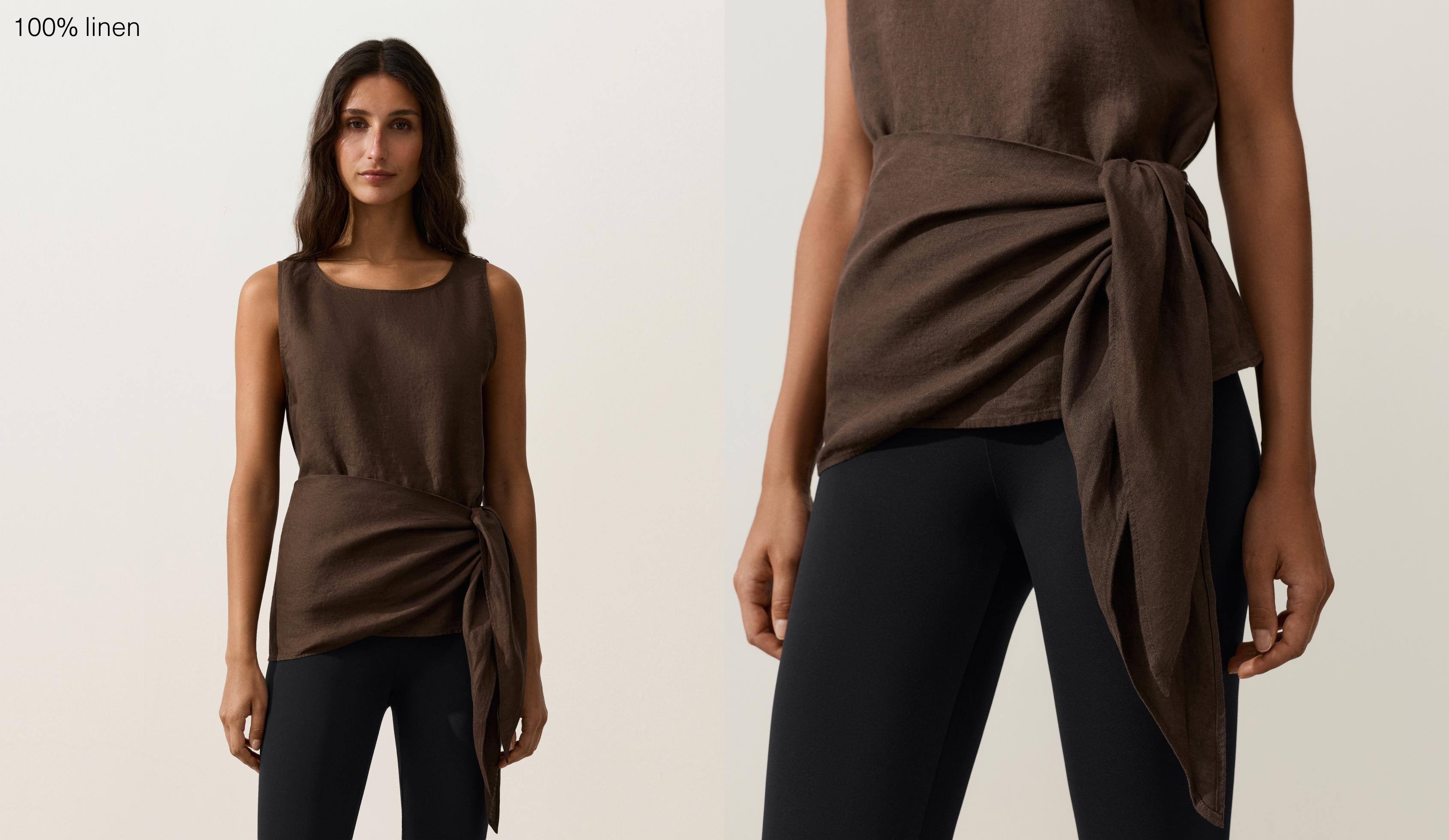 Sleeveless top with 100% linen scarf — DARK BROWN