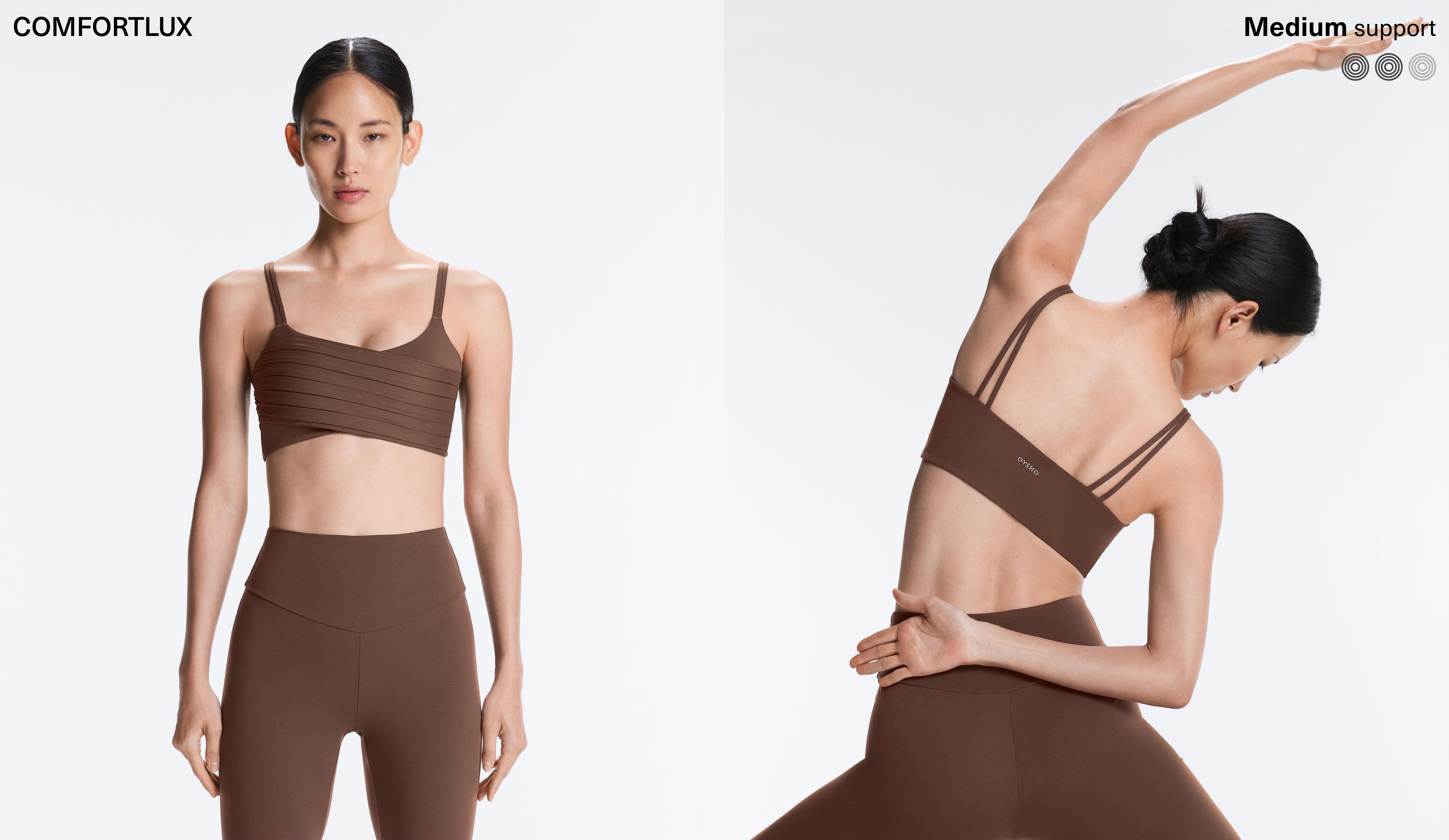 Pleated medium-support Comfortlux sports bra — MID-BROWN
