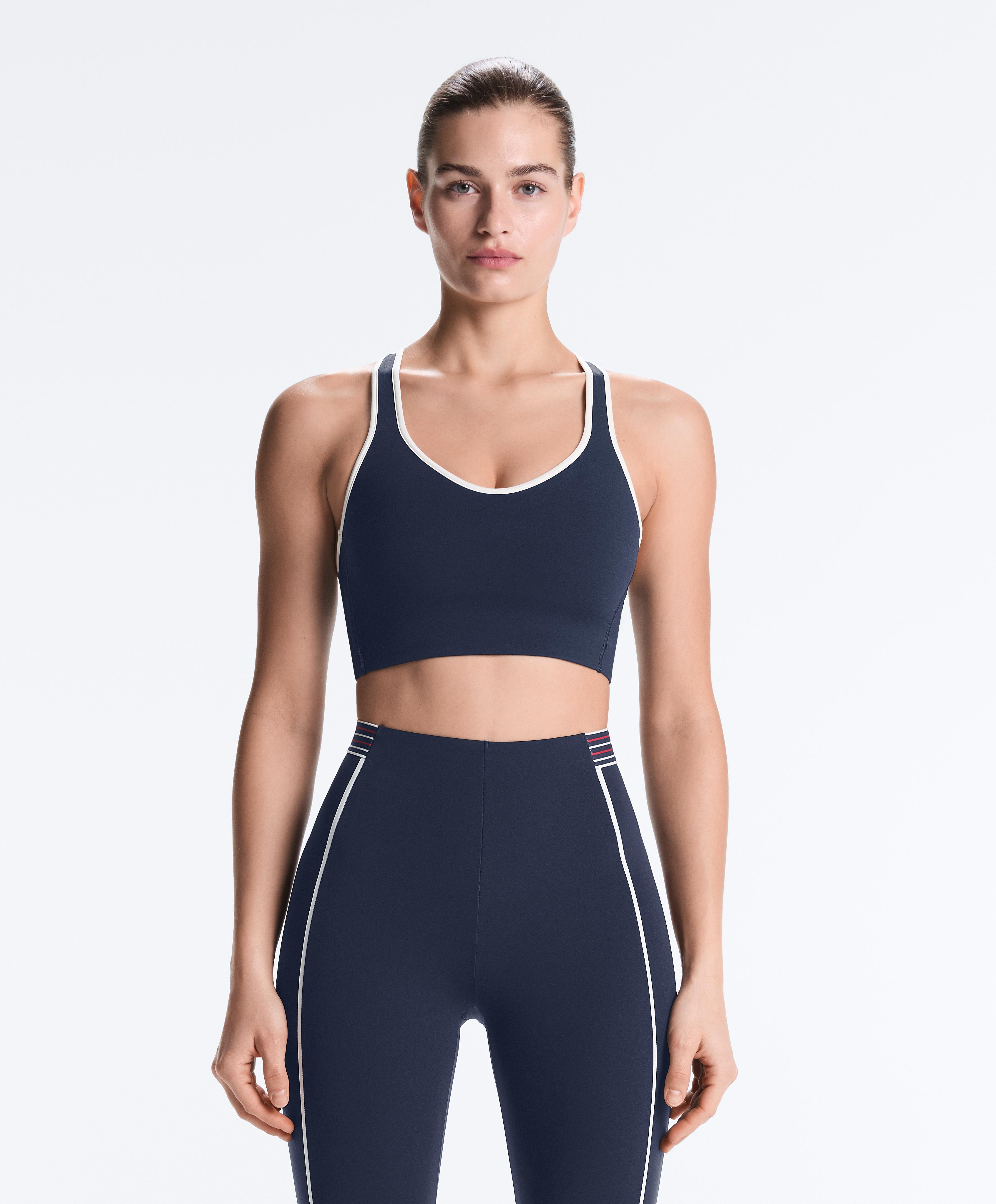 Compressive medium-support sports bra with cups and loop — NAVY BLUE
