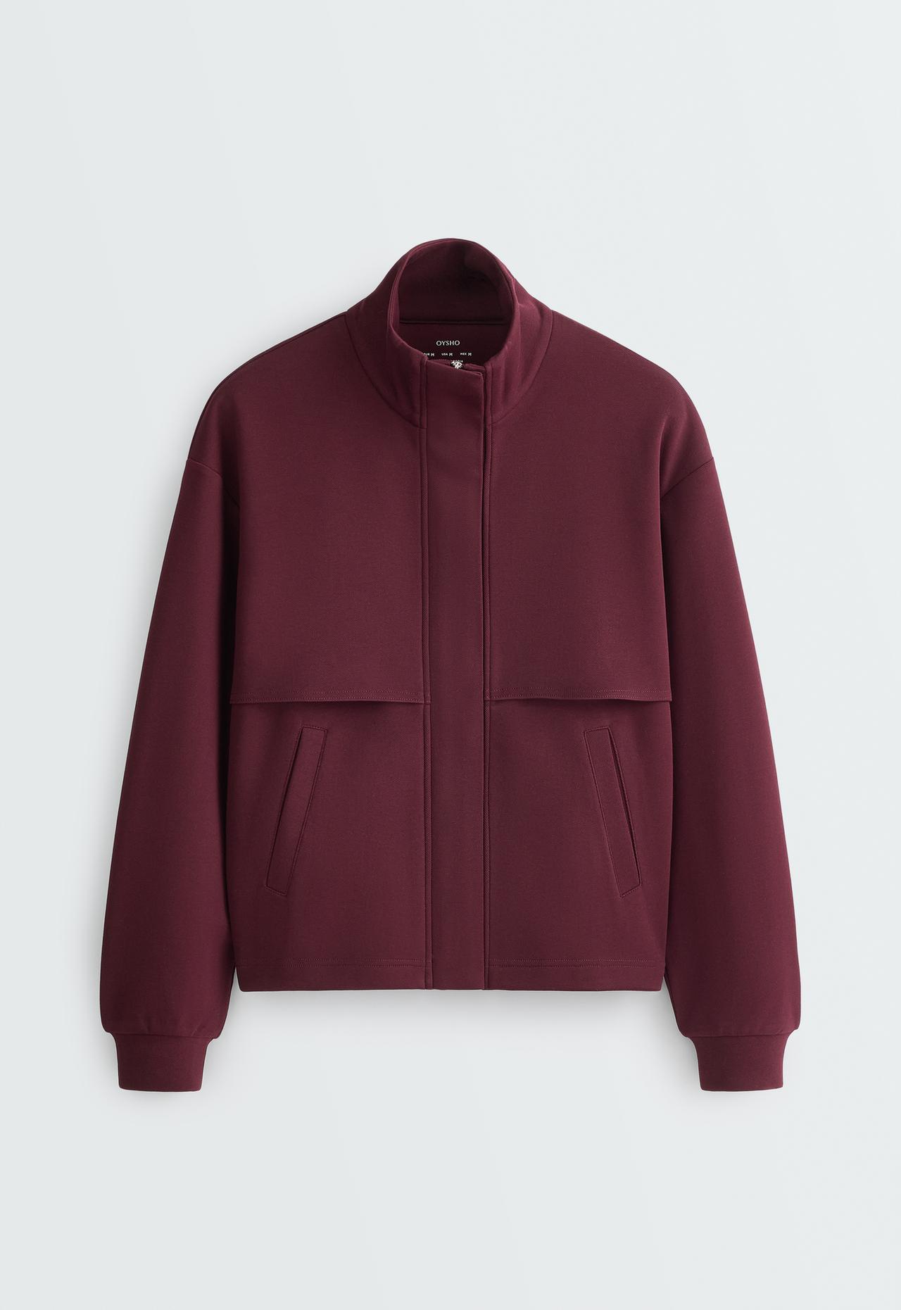 High-neck piqué jacket with cotton — BURGUNDY