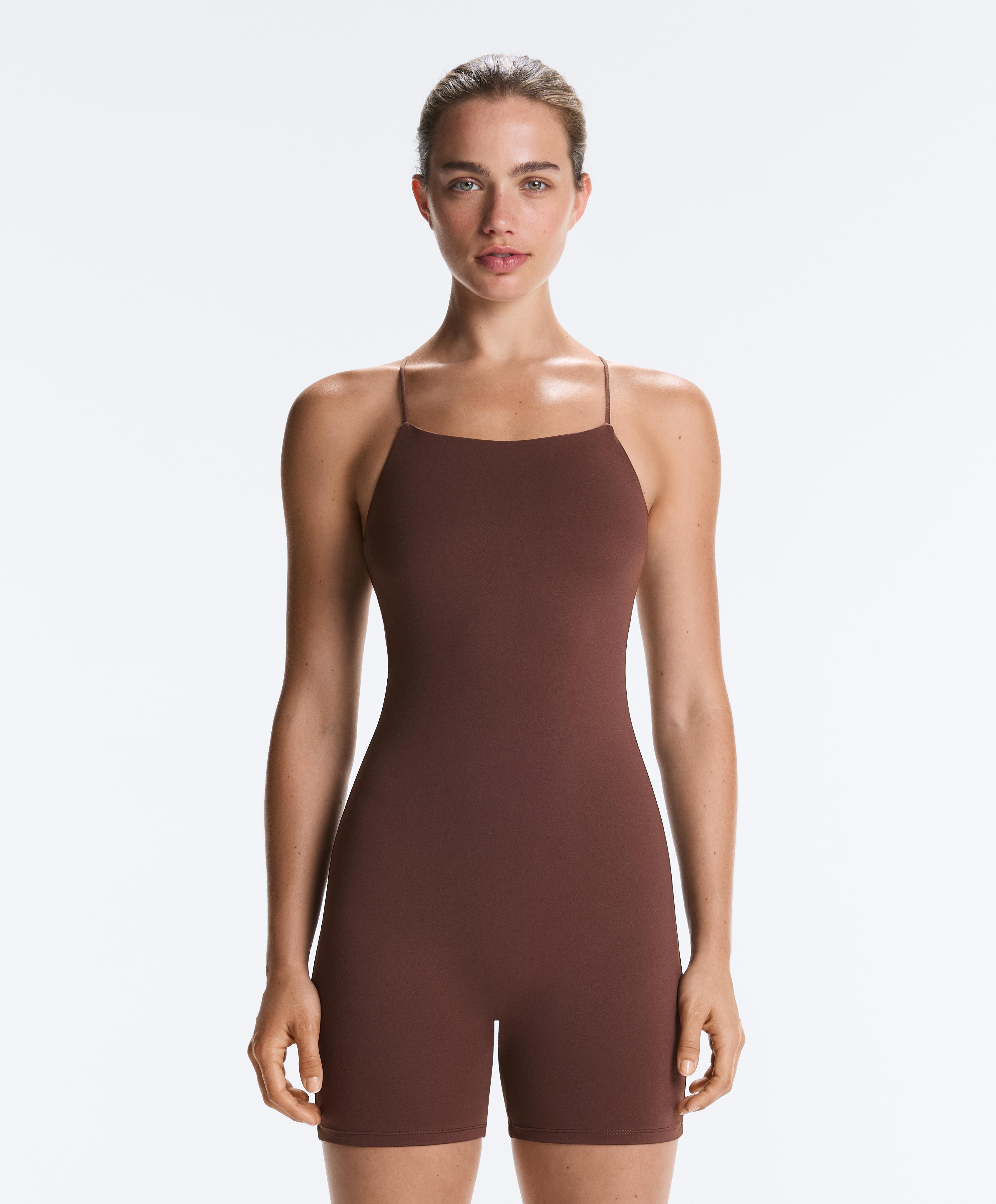 Comfortlux strappy back short jumpsuit — CHOCOLATE
