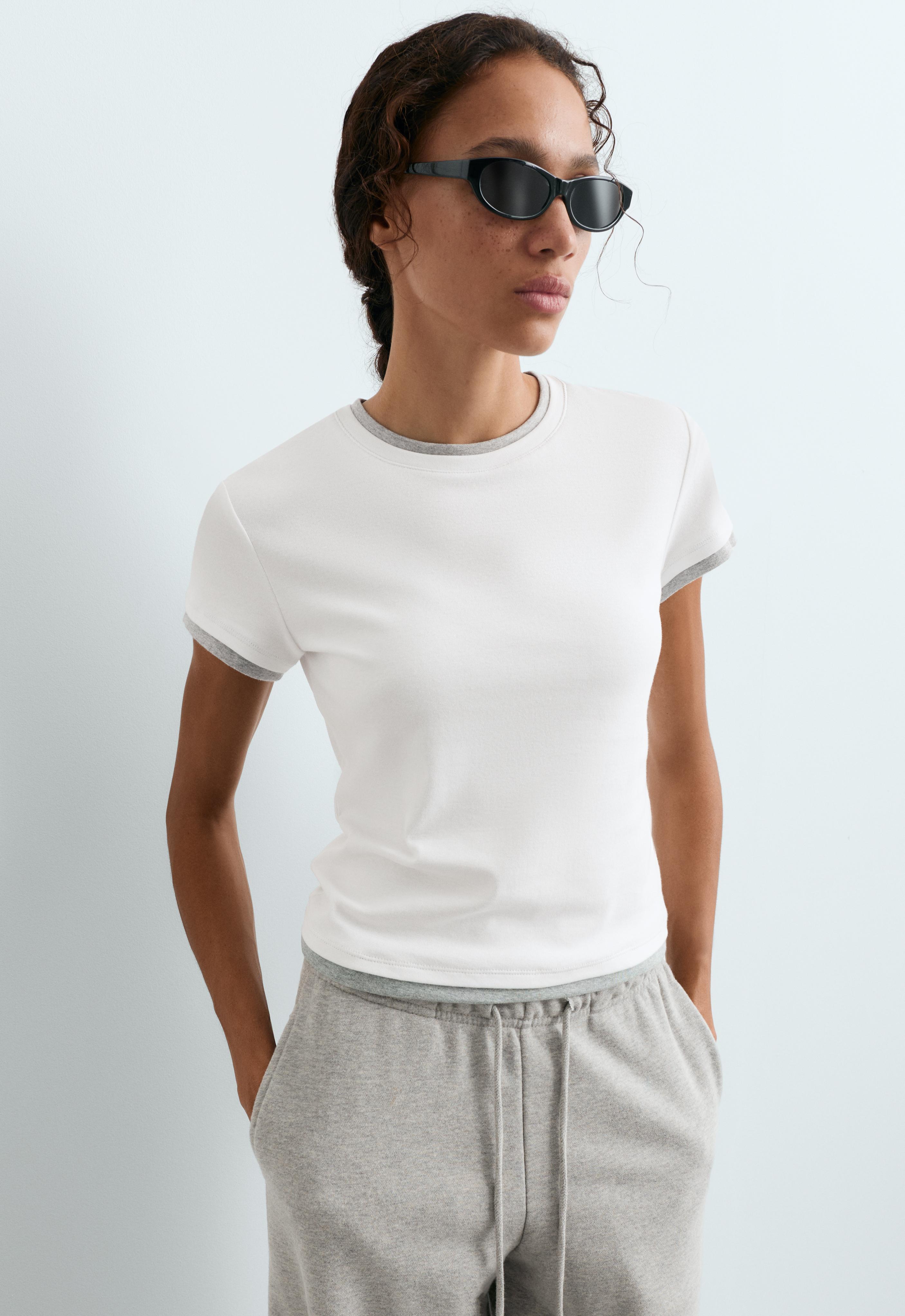 Cotton blend double rib effect short sleeve T-shirt — WHITE