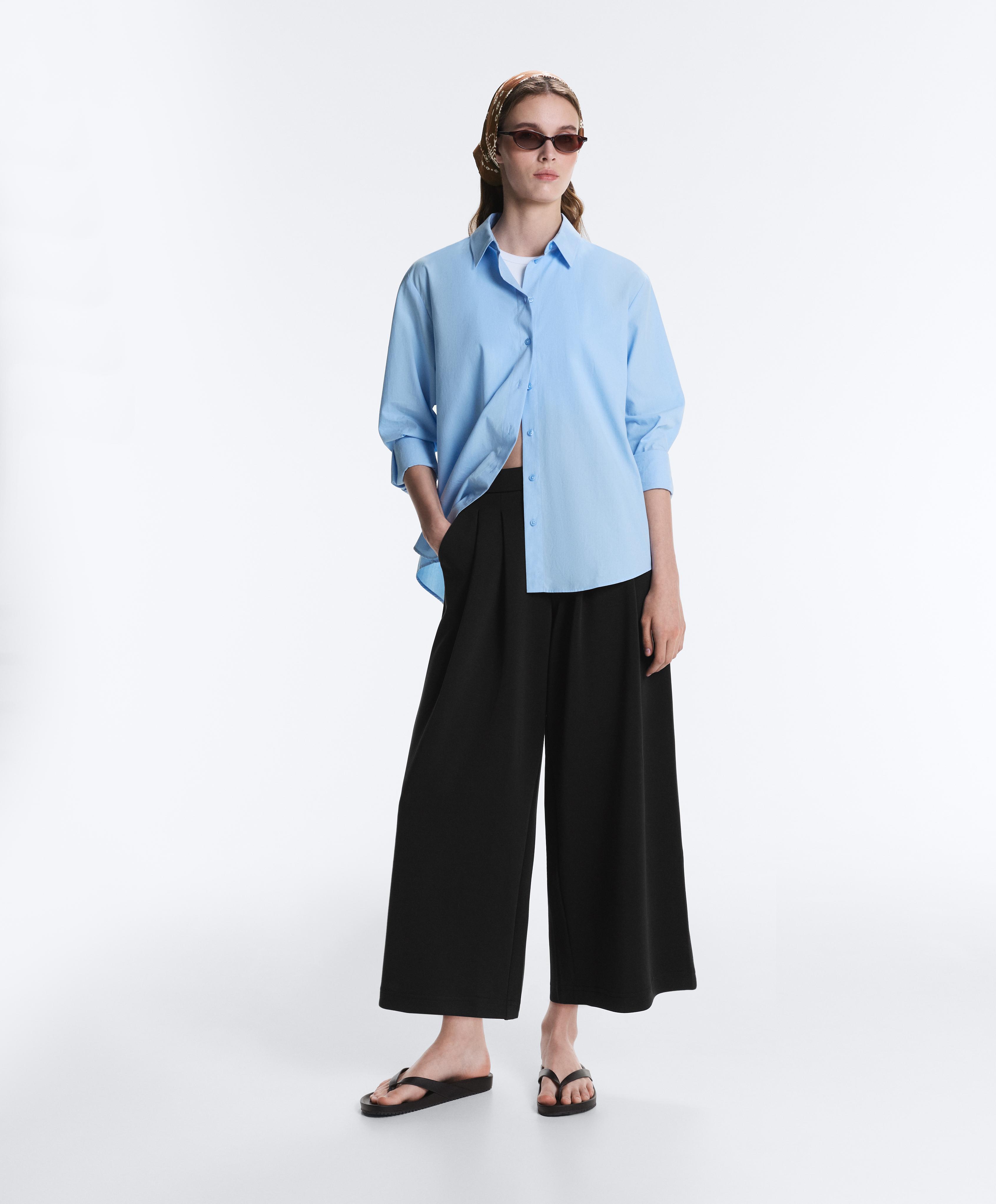 Soft-touch wide-leg crop trousers with modal and pleats — BLACK