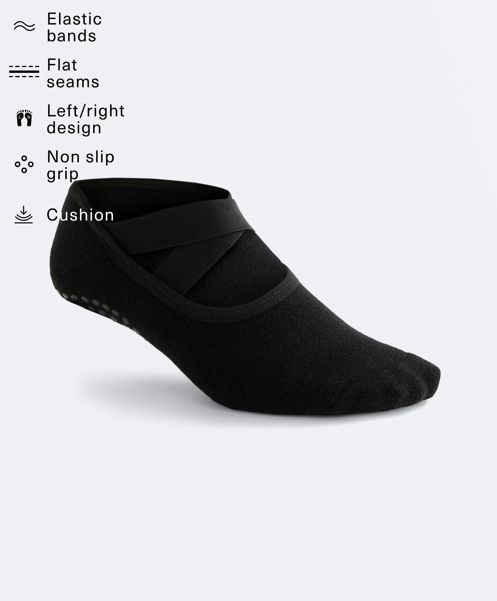 2 pairs of padded cotton blend yoga and Pilates socks with crossover straps — BLACK