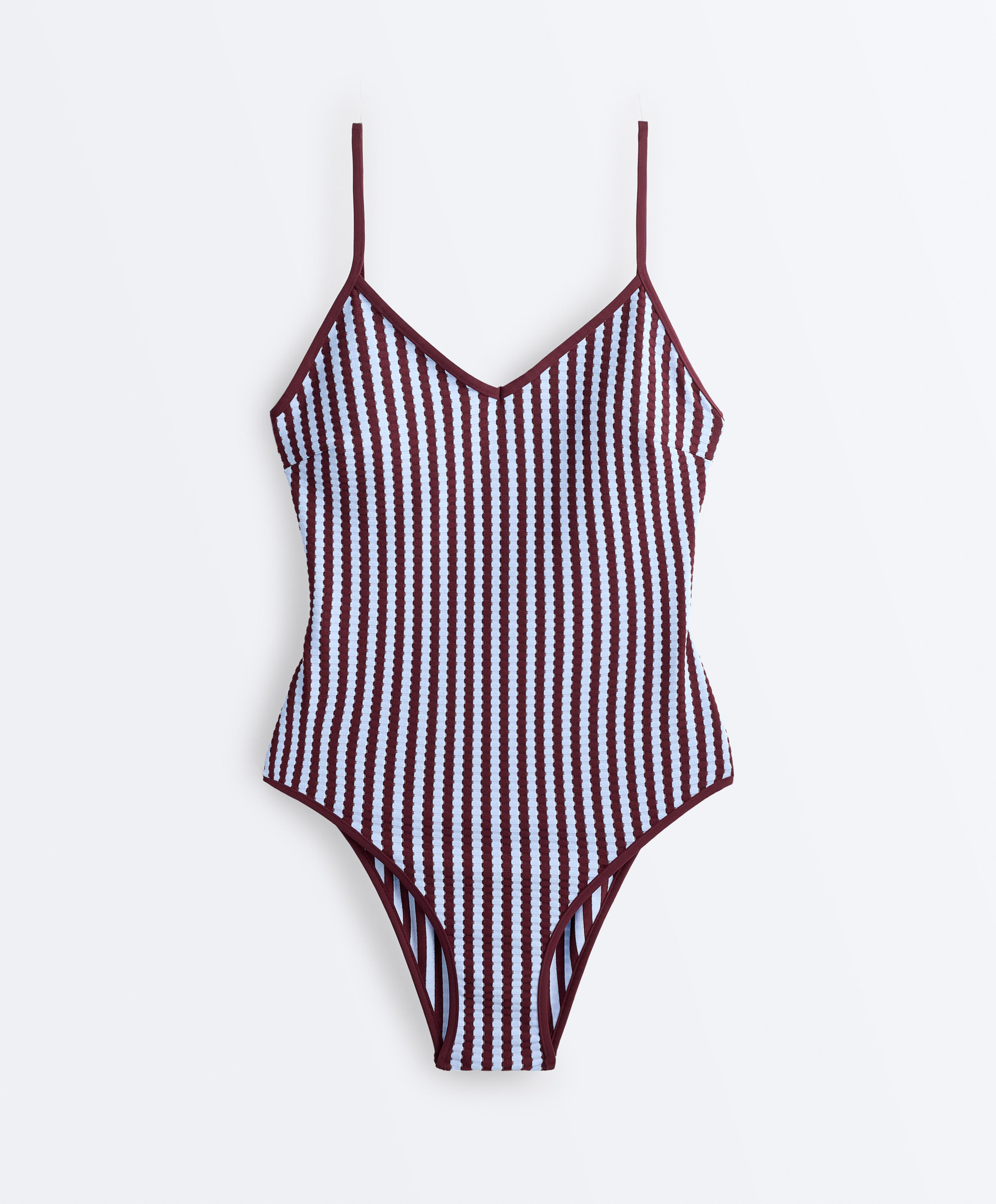 Textured stripe triangle swimsuit — CHERRY