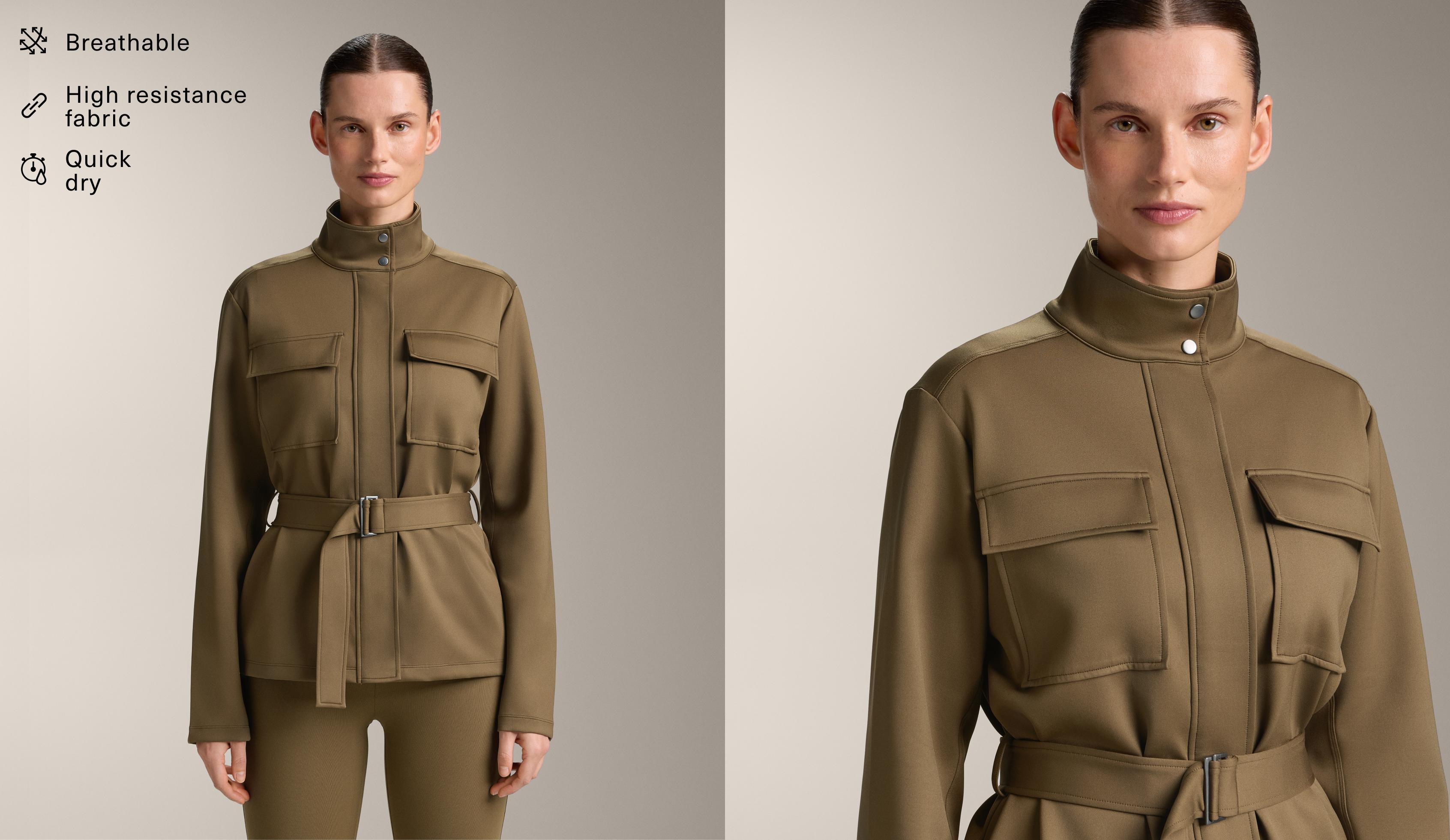Neoprene-effect jacket with belt — OLIVE GREEN