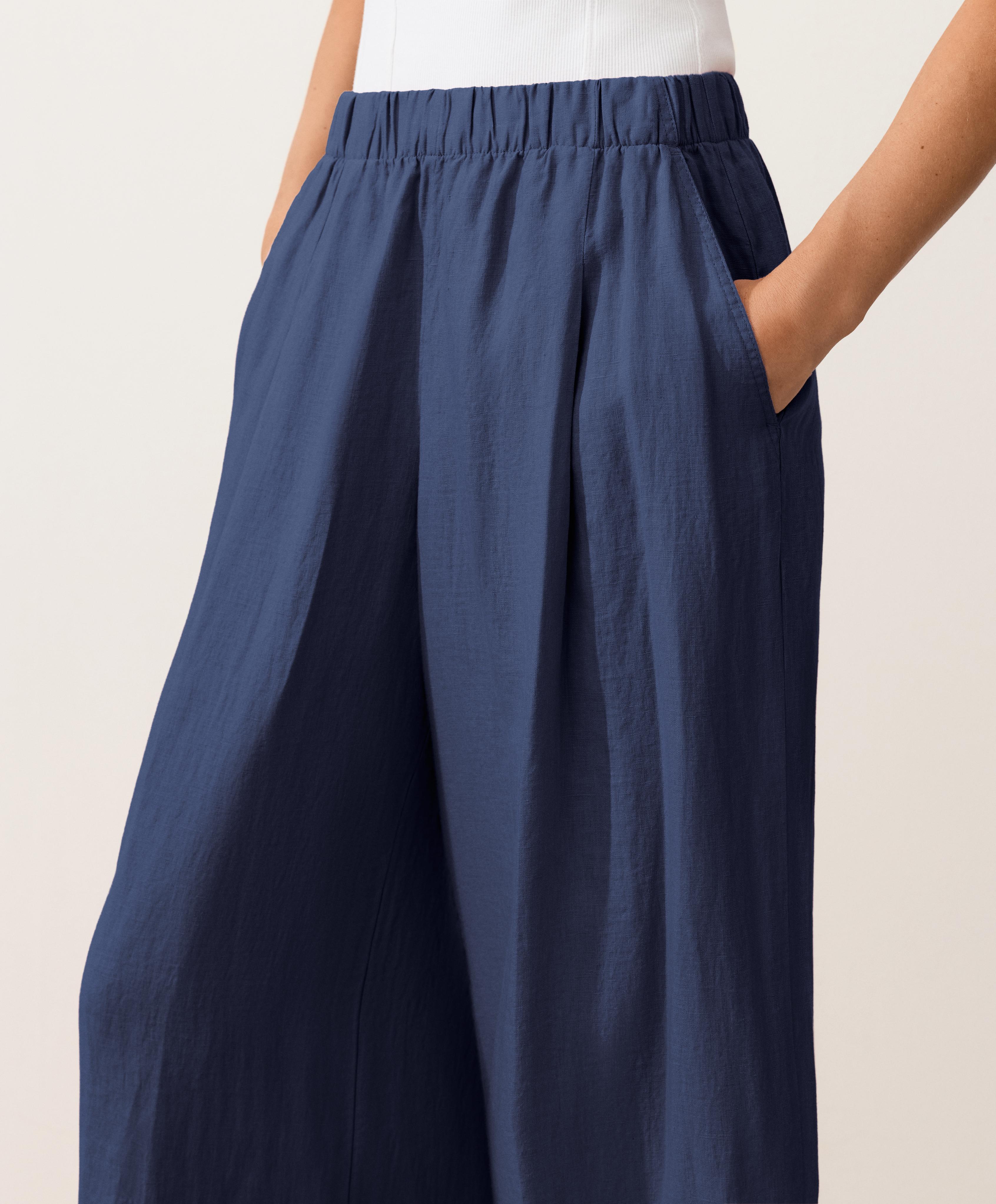 100% linen wide-leg trousers — NAVY
