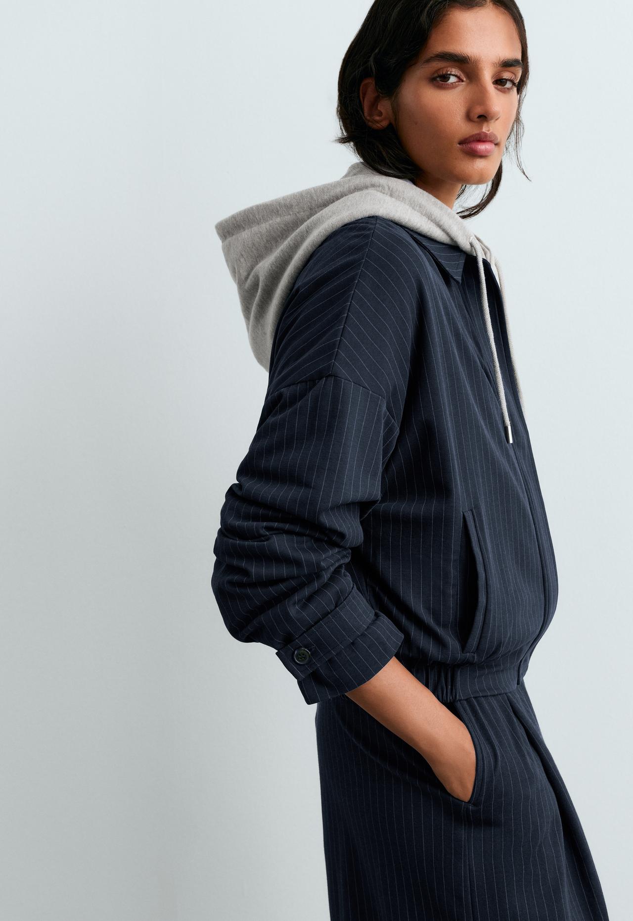 Pinstripe piqué polo neck jacket with cotton — NAVY BLUE