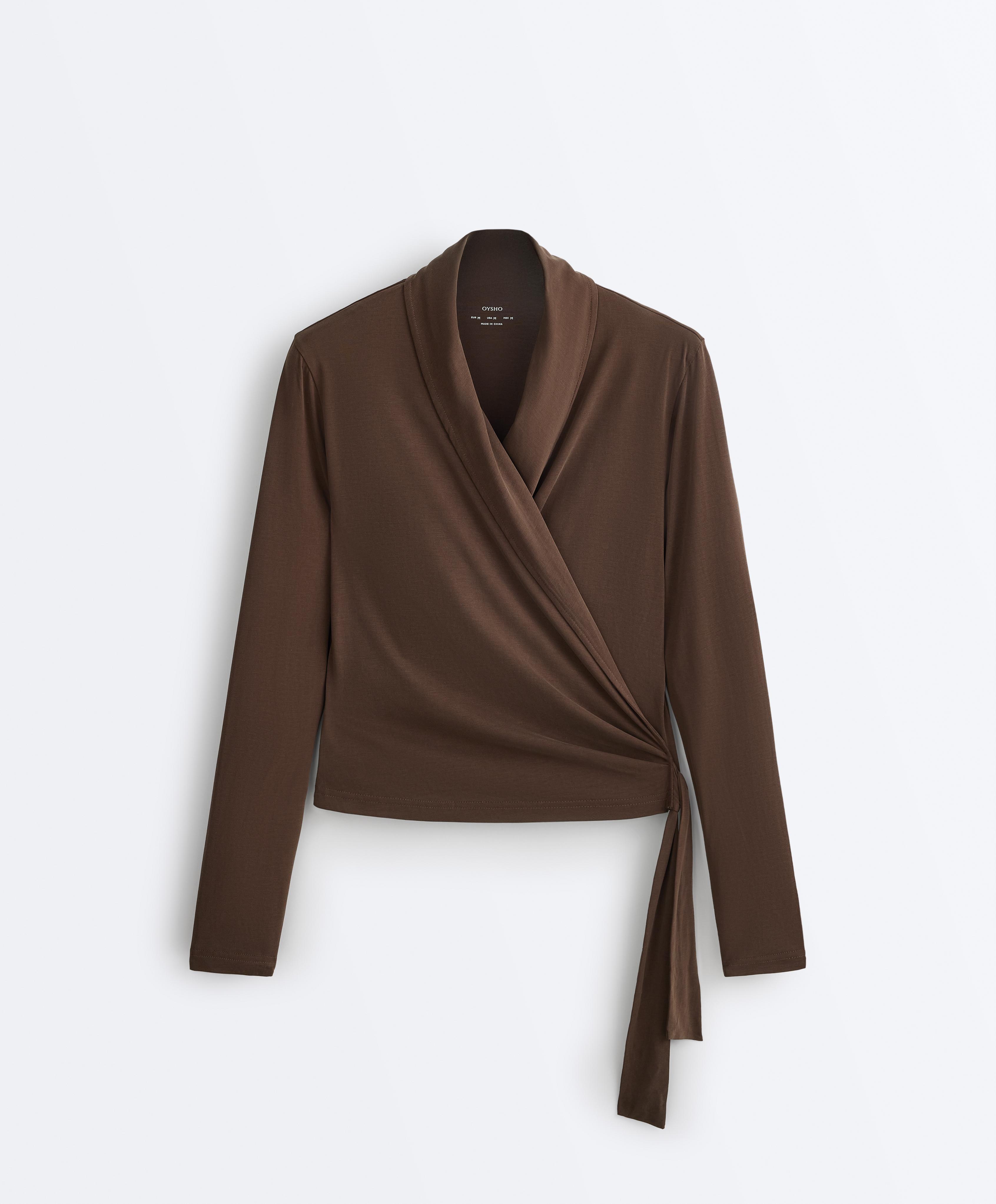 Modal blend long sleeve crossover T-shirt — DARK BROWN