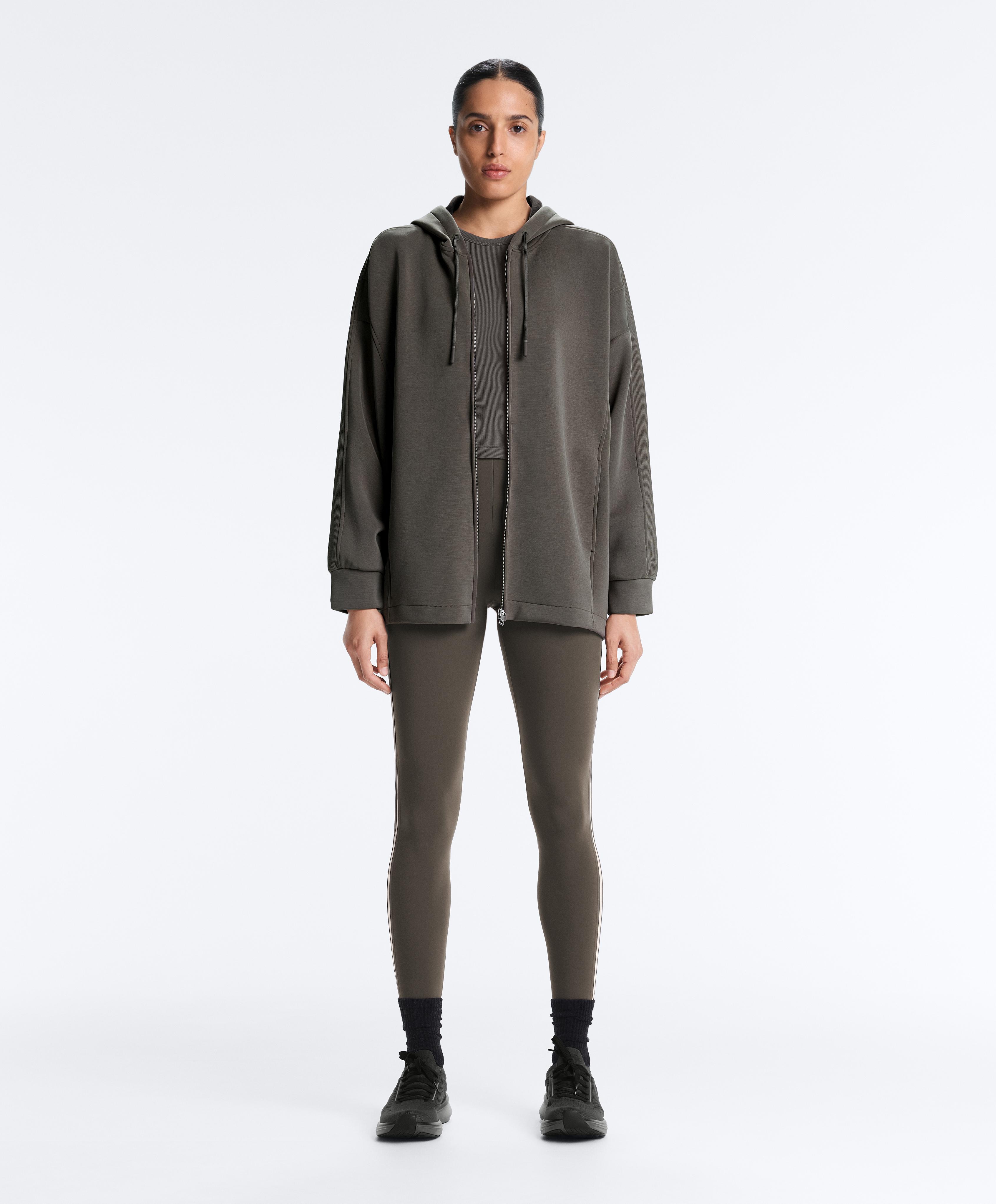 Long hooded jacket with rib details and brushed modal Long hooded jacket with rib details and brushed modal