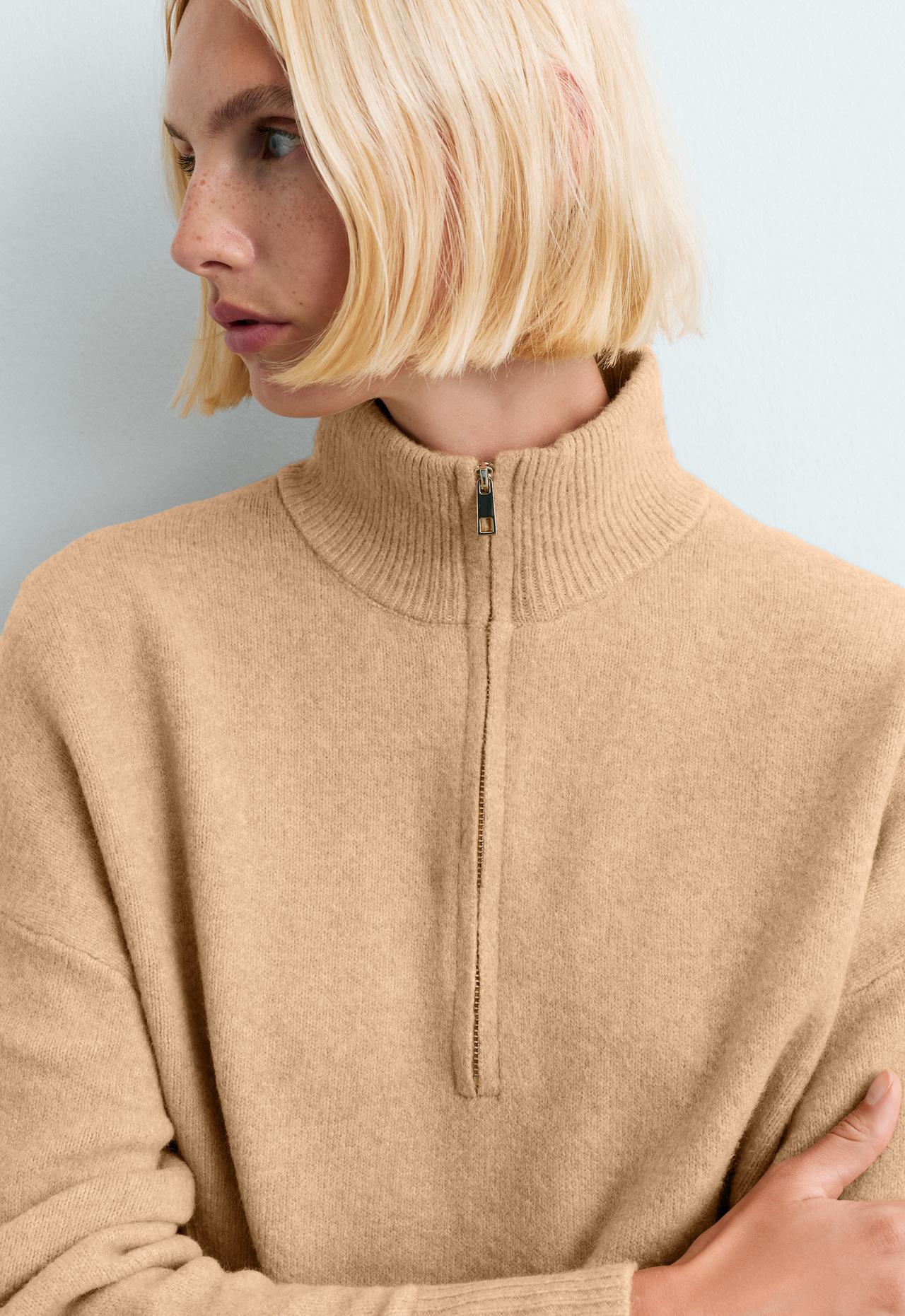 High-neck knit jumper with half-zip — CAMEL