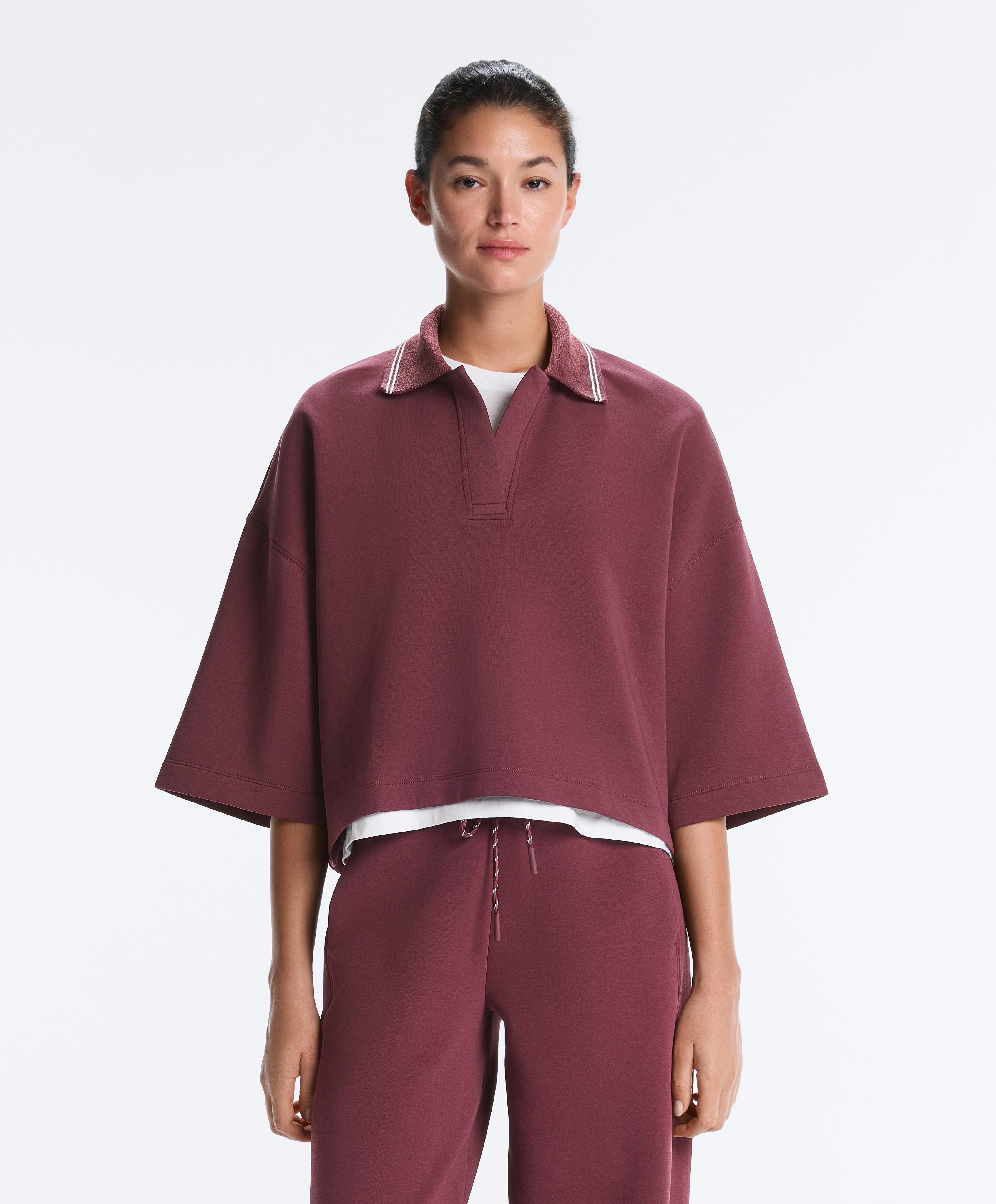 Cotton blend polo sweatshirt with wide sleeves — CHERRY
