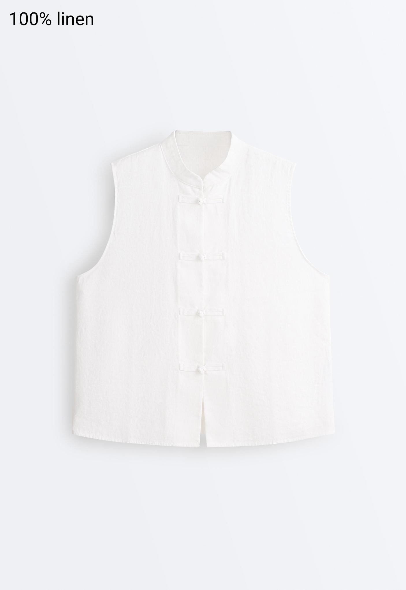 100% linen sleeveless stand-up collar shirt — WHITE 