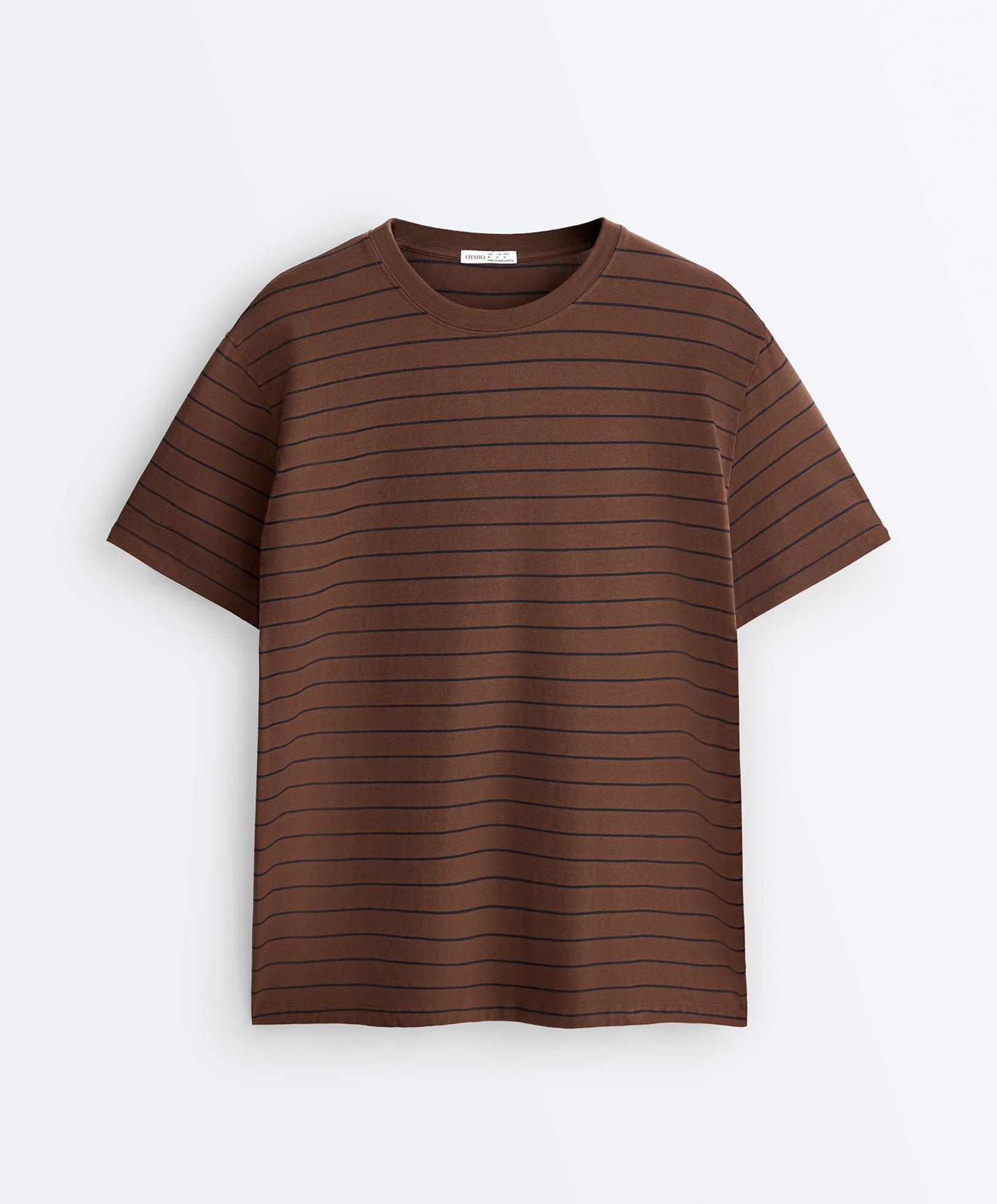 Oversize striped cotton blend short sleeve T-shirt — DARK BROWN