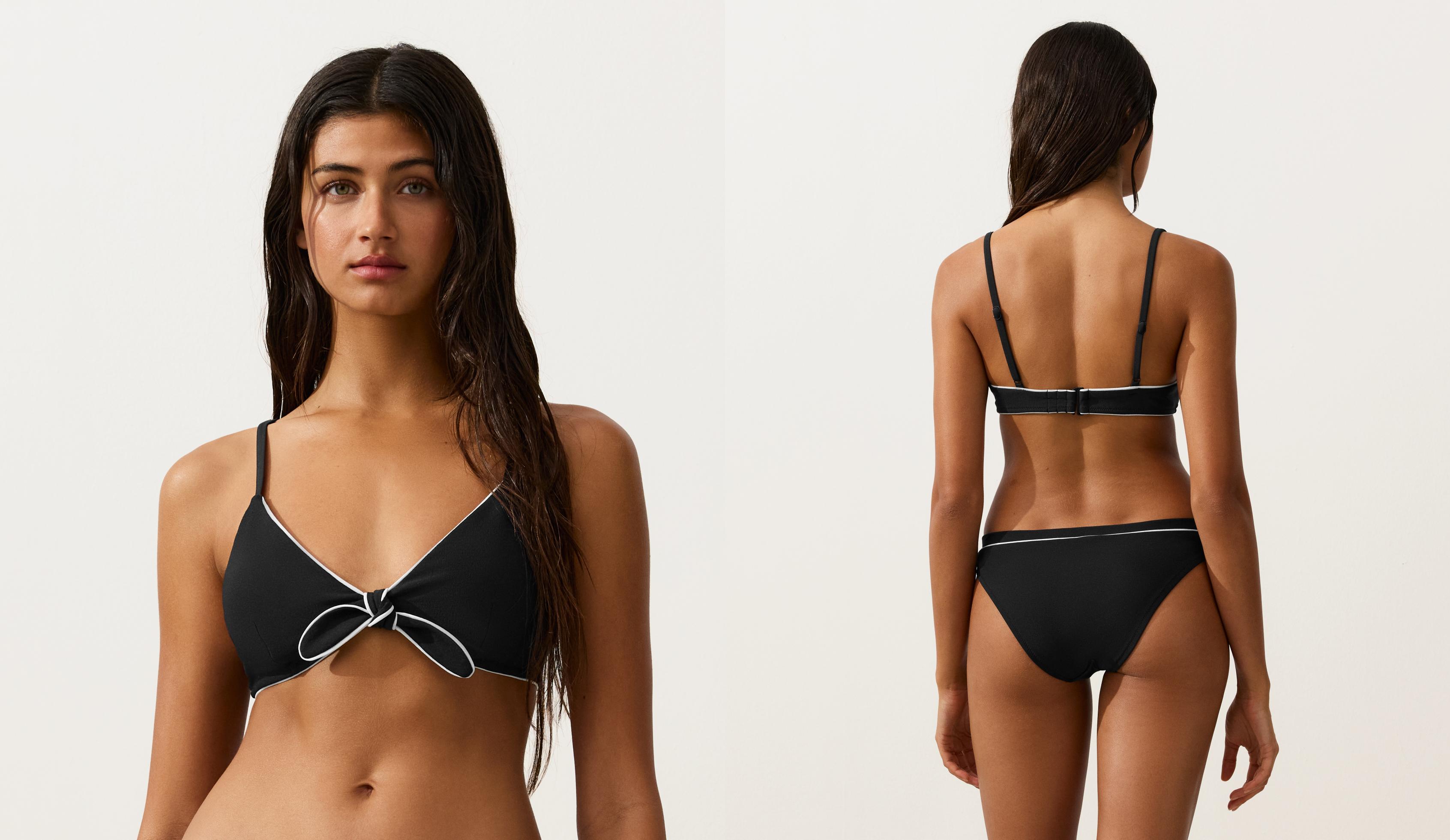 Piping triangle bikini top with ties — BLACK