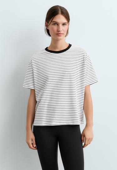 Boxy short-sleeved striped cotton blend T-shirt — WHITE  2